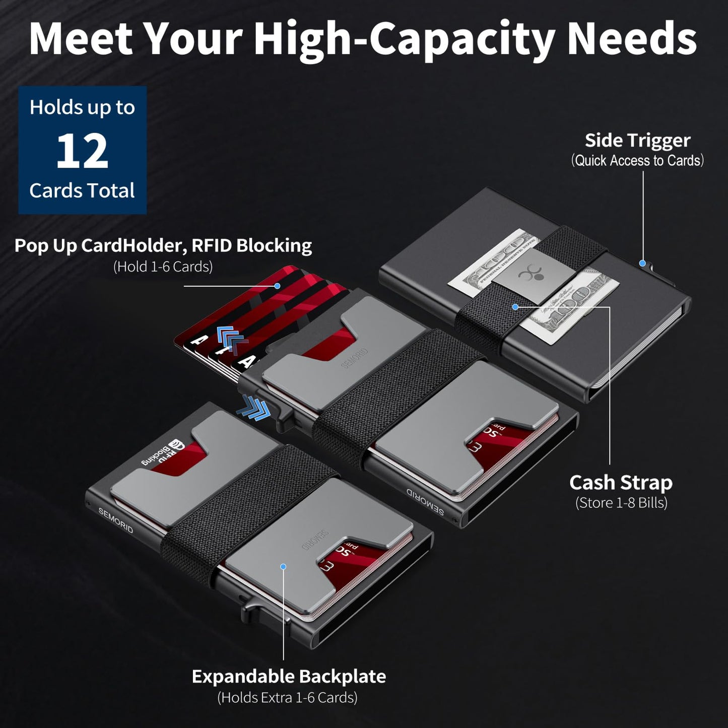 Slim Aluminum Card Holder Wallet for Men, Durable Expandable Backplate, RFID Blocking Minimalist Metal Pop Up Wallet, Holds 12+ Cards Plus Cash (Black)