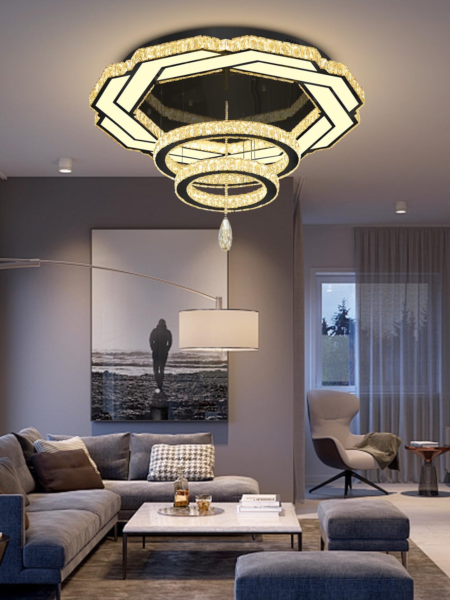 Flashing God Crystal Chandeliers Dia 32" Silver Elegant Chandelier Flush Mount Ceiling Light for Bedroom Living Room Dining Room Hallway Dimmable 3 Rings LED Celing Lighting Fixtures