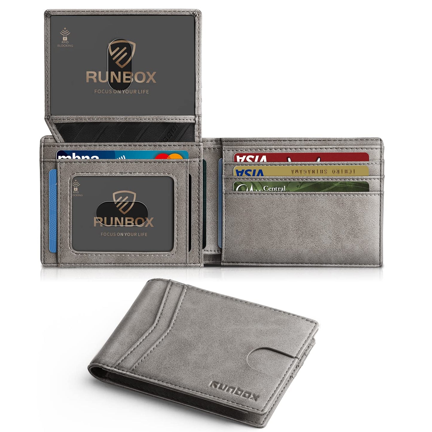 RUNBOX Wallet for Men Slim Rfid Leather 2 ID Window With Gift Box