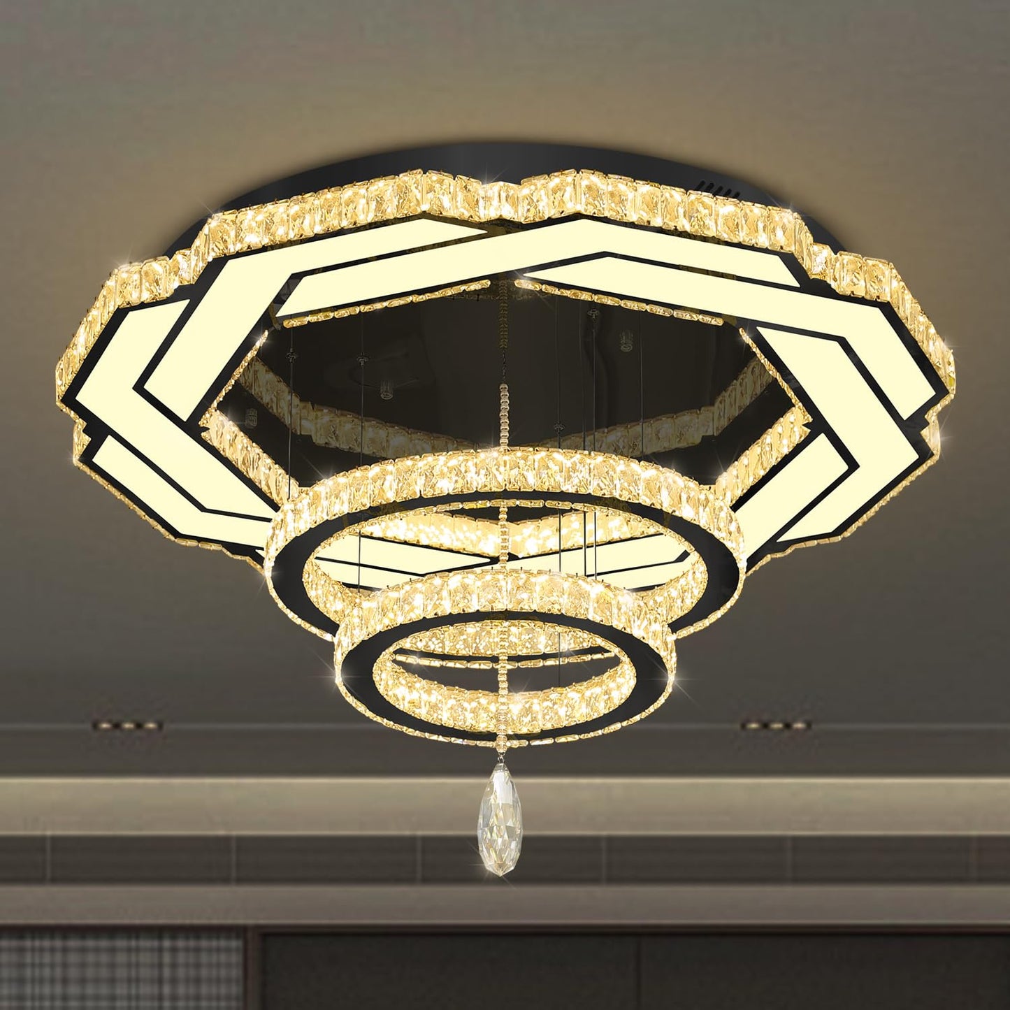 Flashing God Crystal Chandeliers Dia 32" Silver Elegant Chandelier Flush Mount Ceiling Light for Bedroom Living Room Dining Room Hallway Dimmable 3 Rings LED Celing Lighting Fixtures