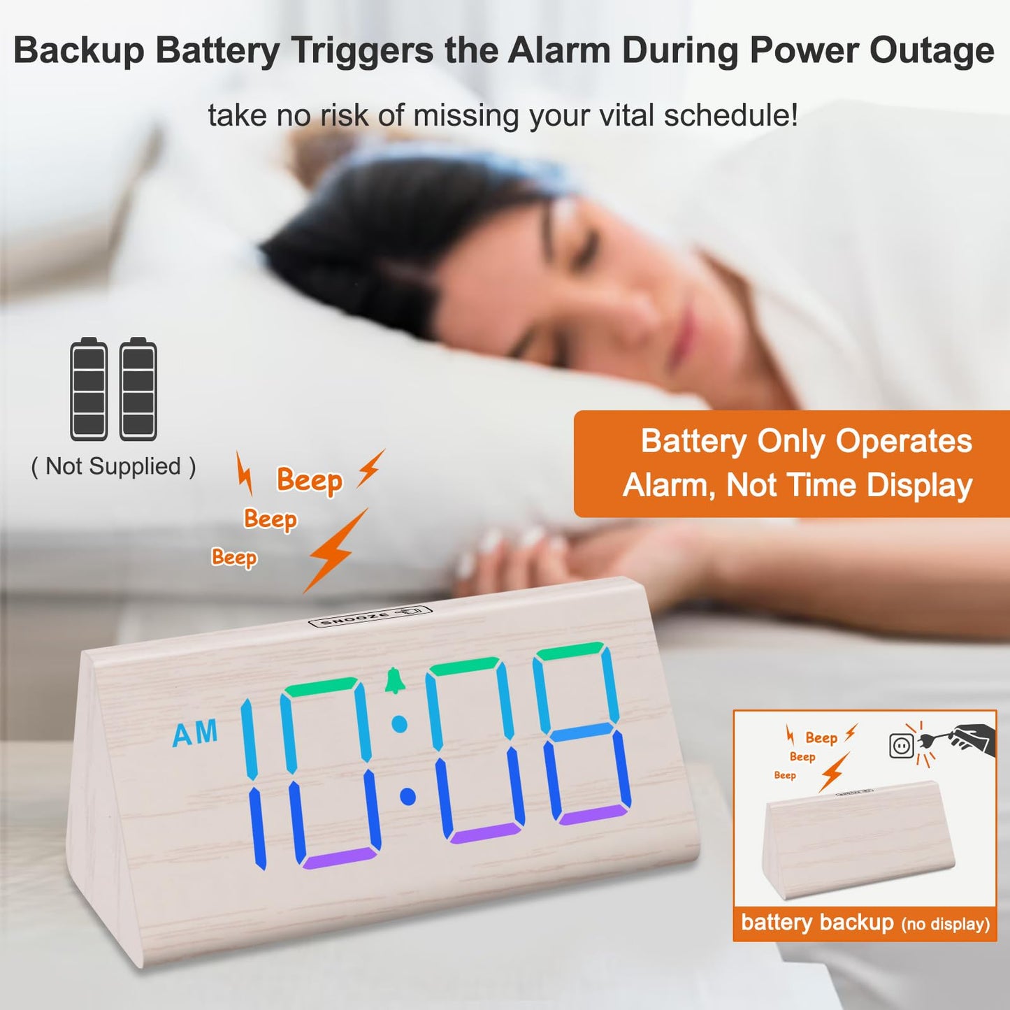 DreamSky Wooden Digital Alarm Clocks for Bedrooms - Electric Desk Clock with Large Numbers, USB Port, Loud Alarm for Heavy Sleepers, Adjustable Volume, Dimmer, Snooze, DST, 12/24H, Wood Décor (Brown)