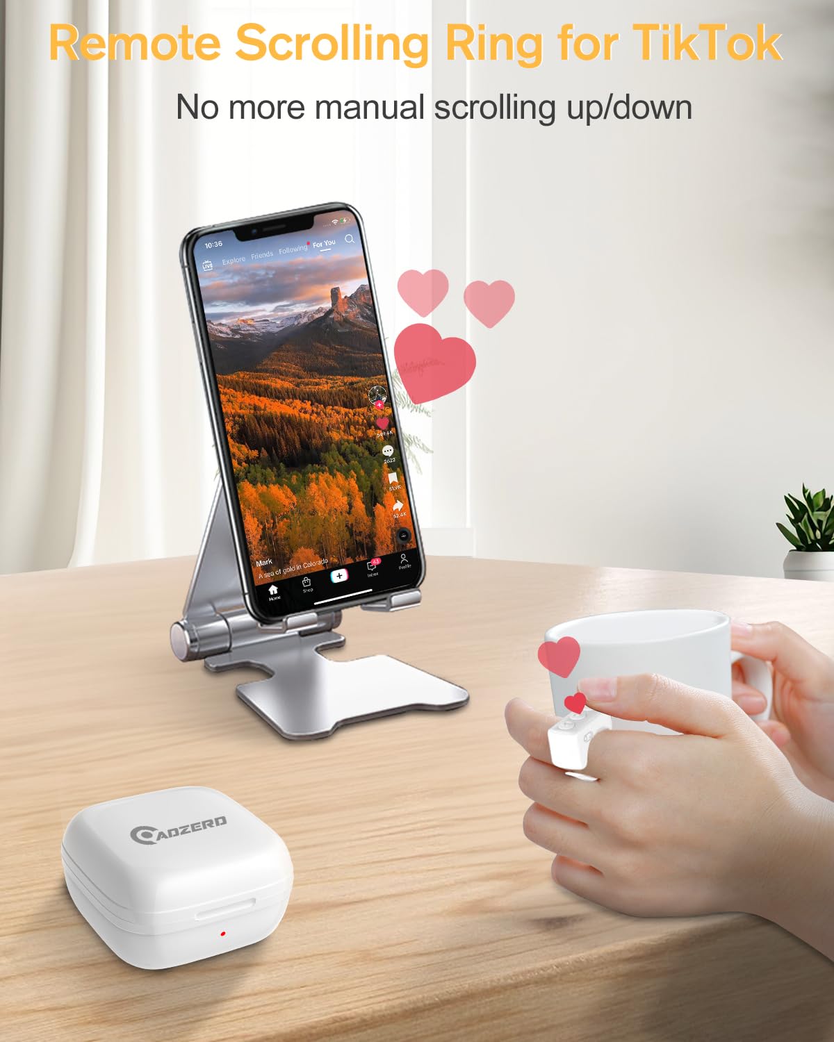 Remote Control for TikTok, Page Turner for Kindle App, Bluetooth Camera Video Recording Remote, Scrolling Ring for TIK Tok, iPhone, iPad, iOS, Android - Pink