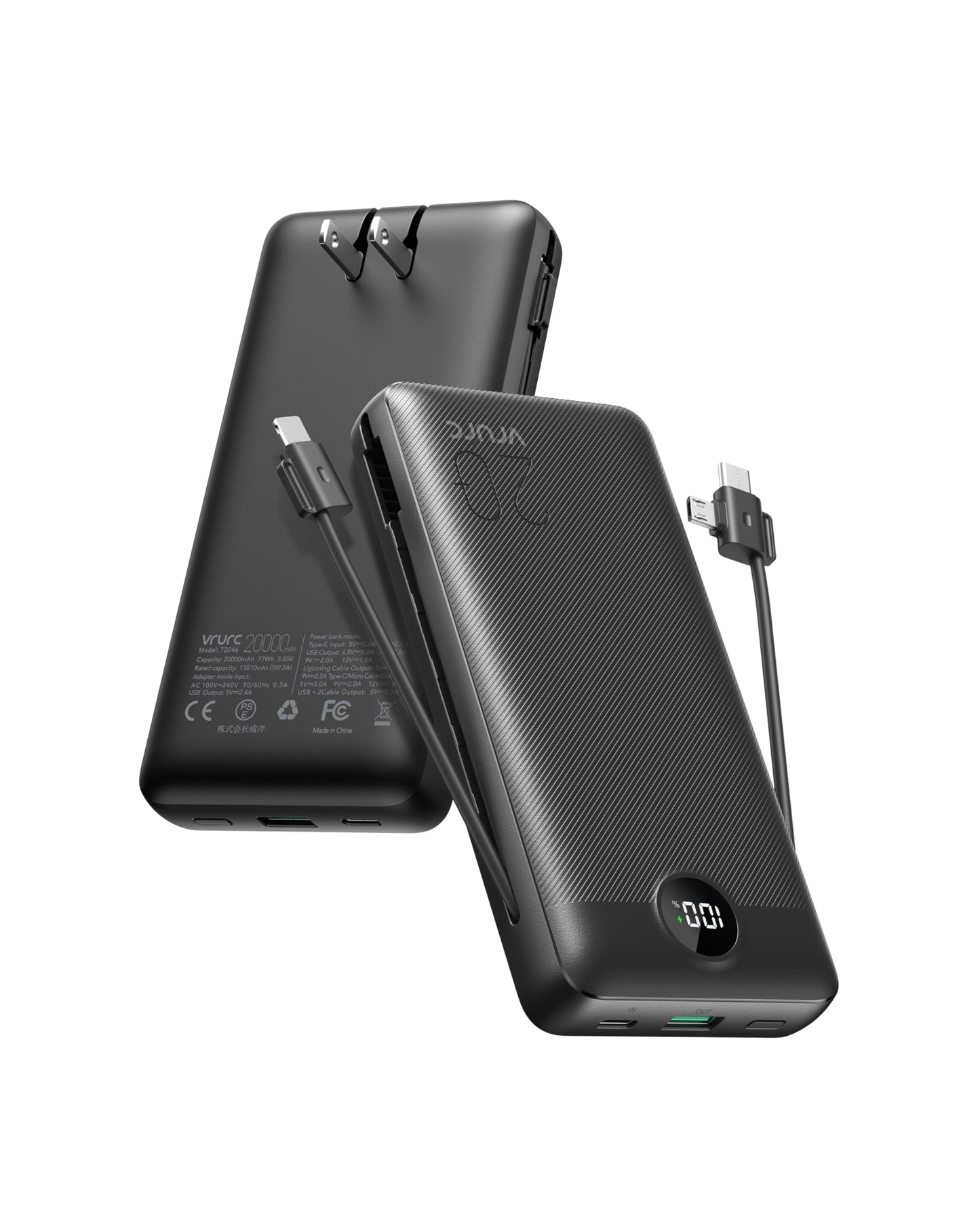 VRURC Power Bank 20000mAh, Fast Charging Portable Charger USB C,4 Output 2 Input Charging Bank Equipped with LED Display,Built-in Wall Plug and Cables,Cell Phone Replacement Battery,White