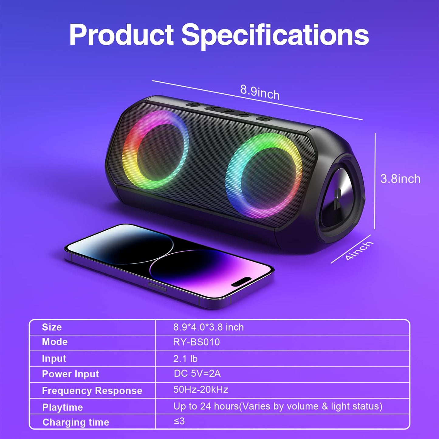 Bluetooth Speakers, [Blod Bass & Dynamic Lights] Portable Wireless Speaker with 20W Powerful Sound, 24Hrs Playtime, Build-in MIC, IP66 Waterproof/Dustproof Blue Tooth Speaker