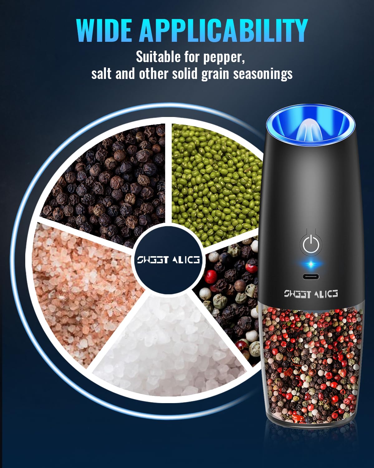 Gravity Electric Pepper and Salt Grinder Set, Salt and Pepper Mill & Adjustable Coarseness, Battery Powered with LED Light, One Hand Automatic Operation, Stainless Steel (Set/Silver)