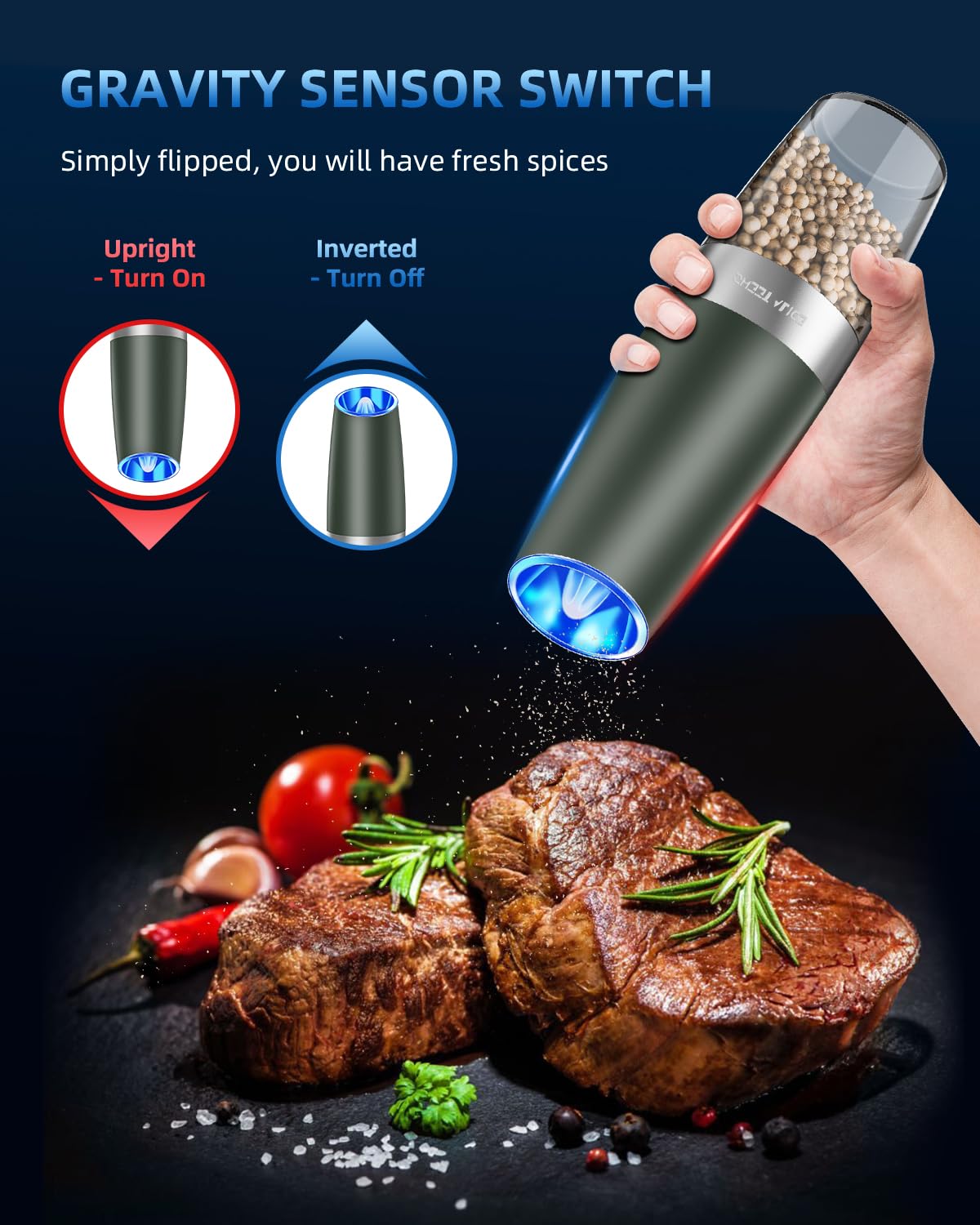Gravity Electric Pepper and Salt Grinder Set, Salt and Pepper Mill & Adjustable Coarseness, Battery Powered with LED Light, One Hand Automatic Operation, Stainless Steel (Set/Silver)