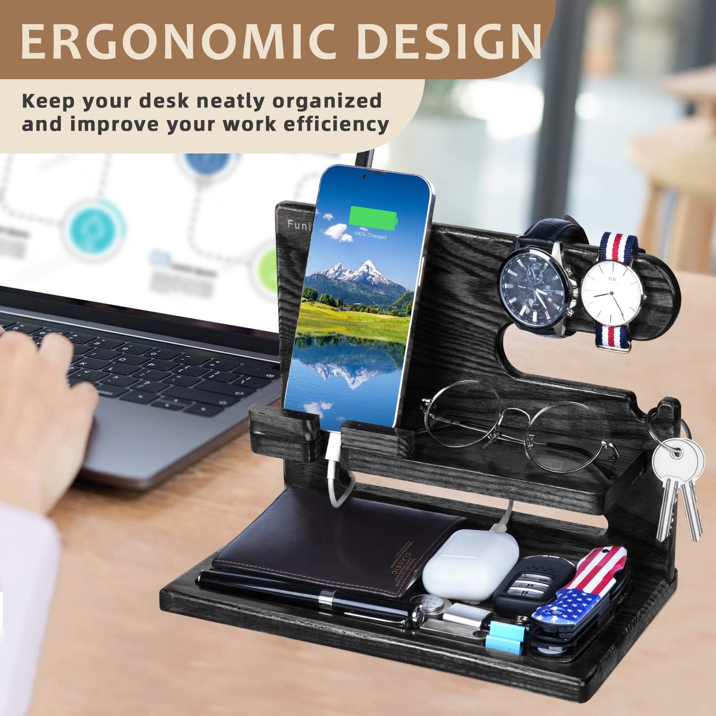 Gifts for Men Dad from Daughter Son Christmas, Wood Phone Docking Station with Drawer, Husband Birthday Gifts Him Boyfriend from Wife Anniversary Nightstand Organizer Xmas Stocking Stuffers