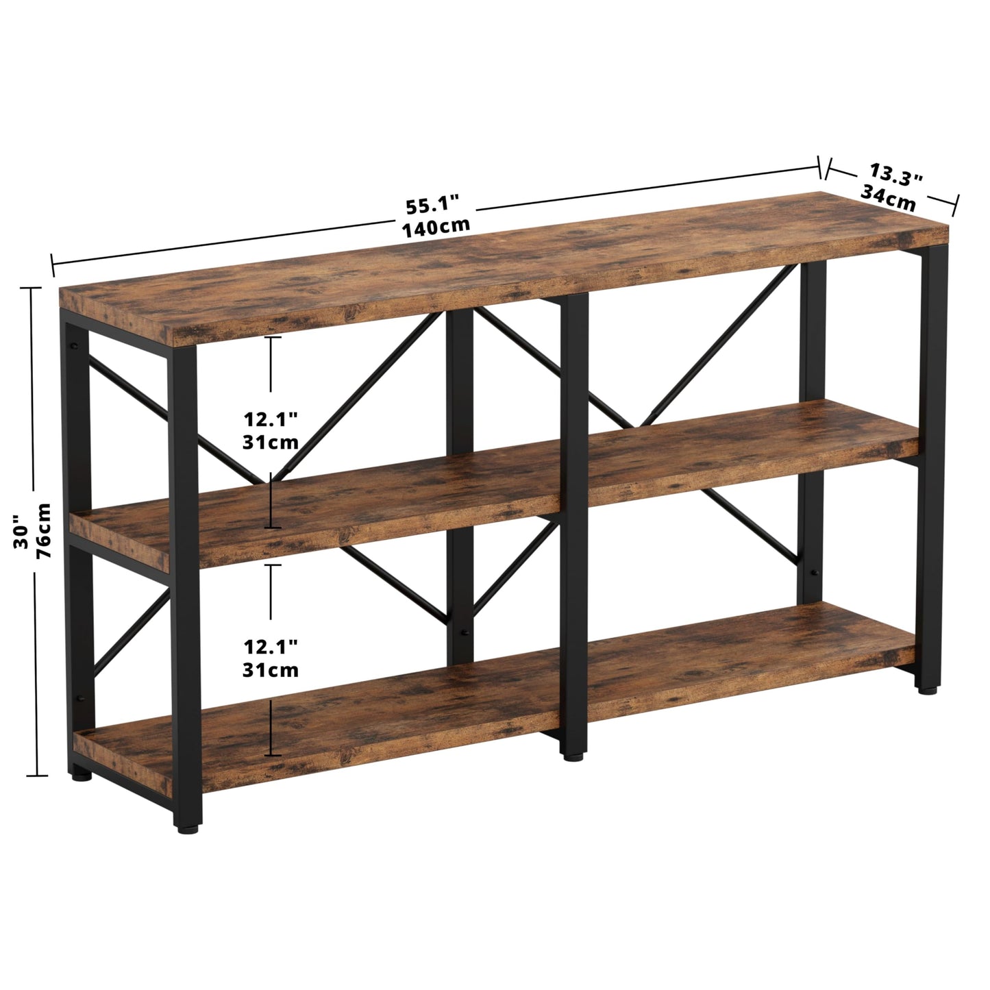 IRONCK Rustic Entryway Console Table, Long Hallway Table 55 in 3-Tier, TV Stand Entertainment Center Media Stand for Living Room, Industrial Style, Vintage Brown