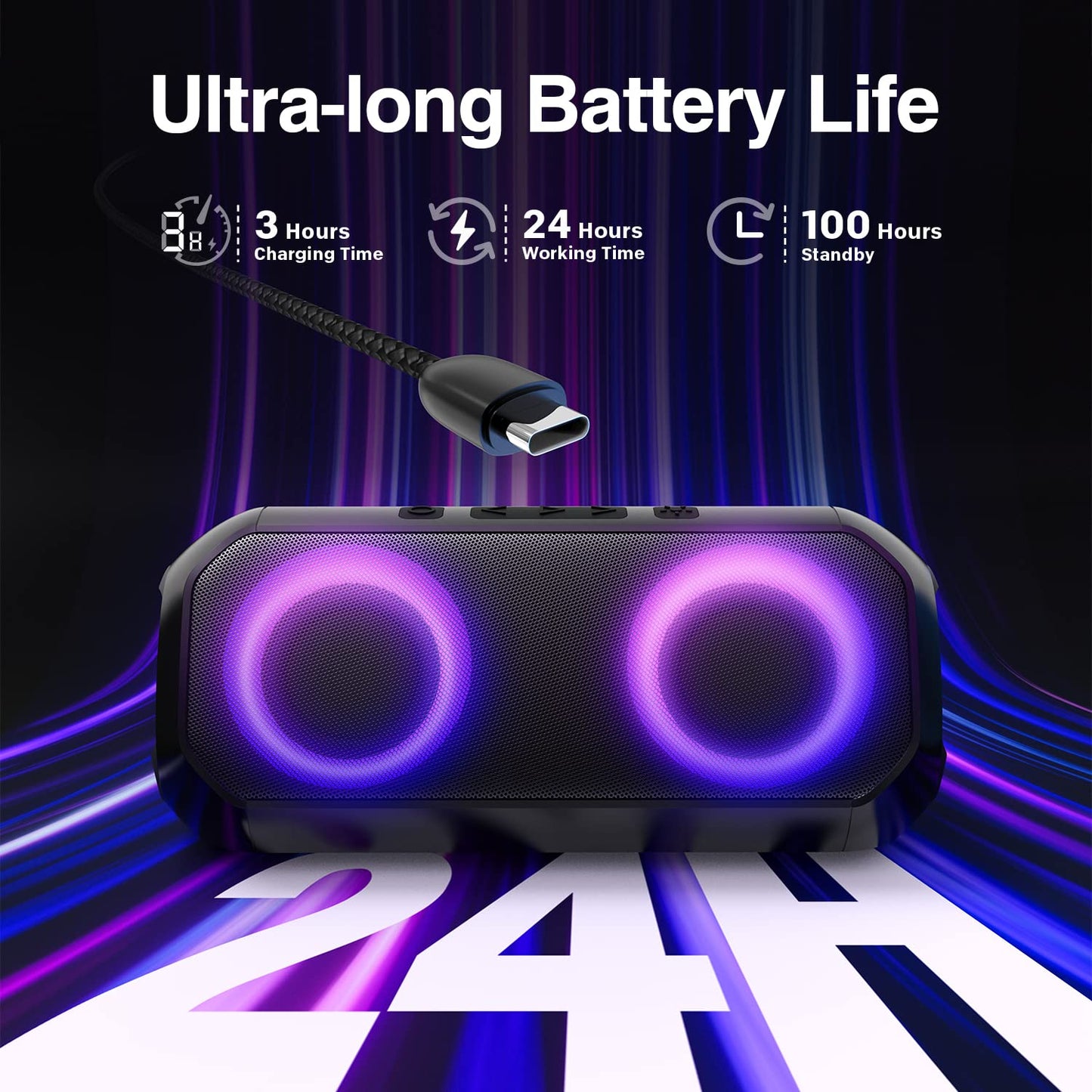 Bluetooth Speakers, [Blod Bass & Dynamic Lights] Portable Wireless Speaker with 20W Powerful Sound, 24Hrs Playtime, Build-in MIC, IP66 Waterproof/Dustproof Blue Tooth Speaker