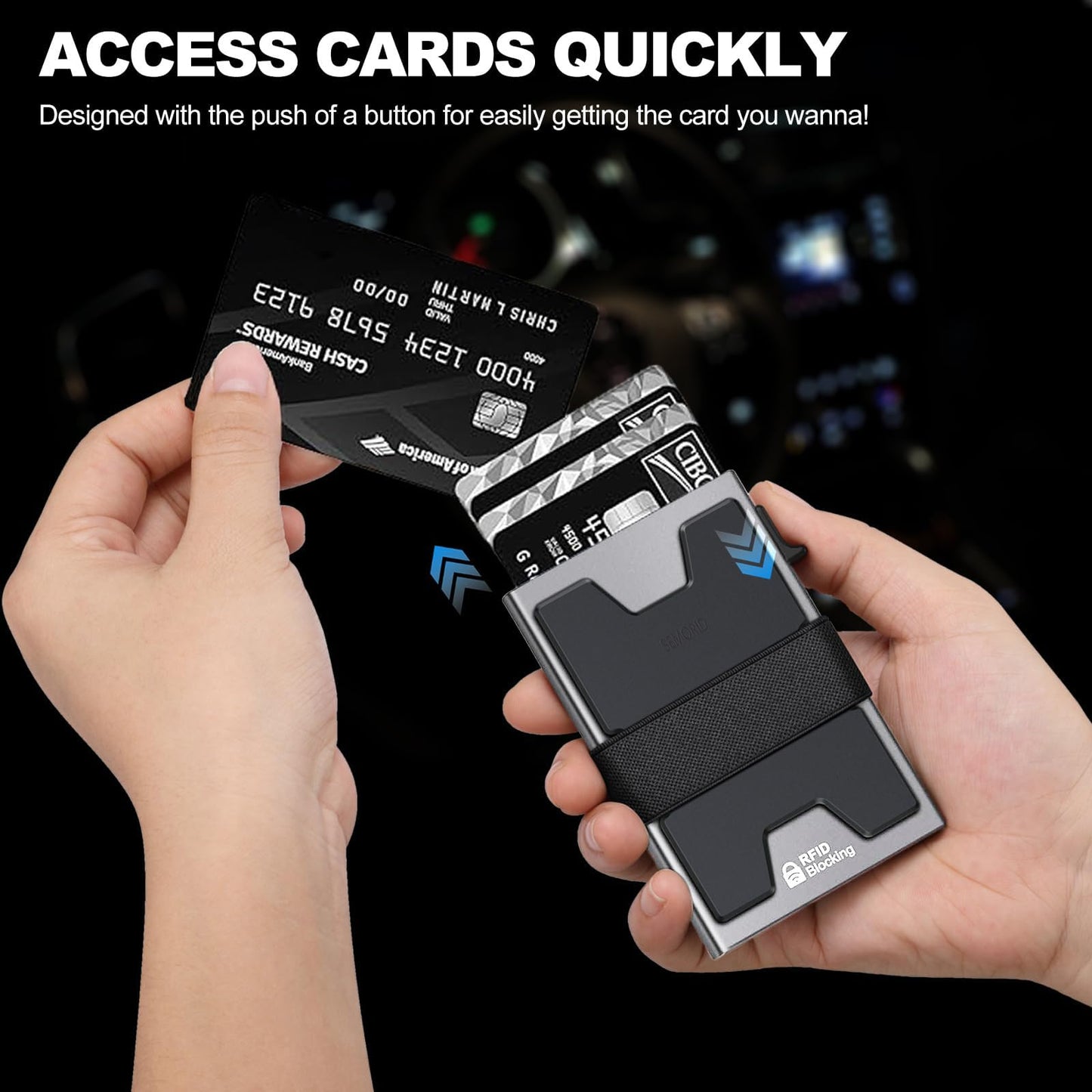 Slim Aluminum Card Holder Wallet for Men, Durable Expandable Backplate, RFID Blocking Minimalist Metal Pop Up Wallet, Holds 12+ Cards Plus Cash (Black)