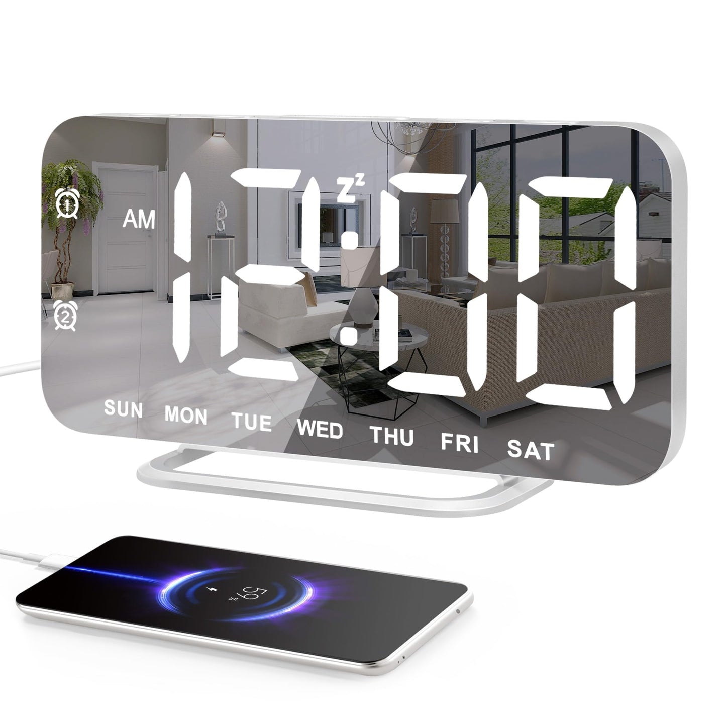 Slim LED Digital Alarm Clock, Mirror Surface for Makeup, with Diming, Large Display, Easy Setting, USB Ports, Modern Decor for Bedroom, Desk, Xmas, Birthday Gift for Women, Sister, Teen Girl, Silver