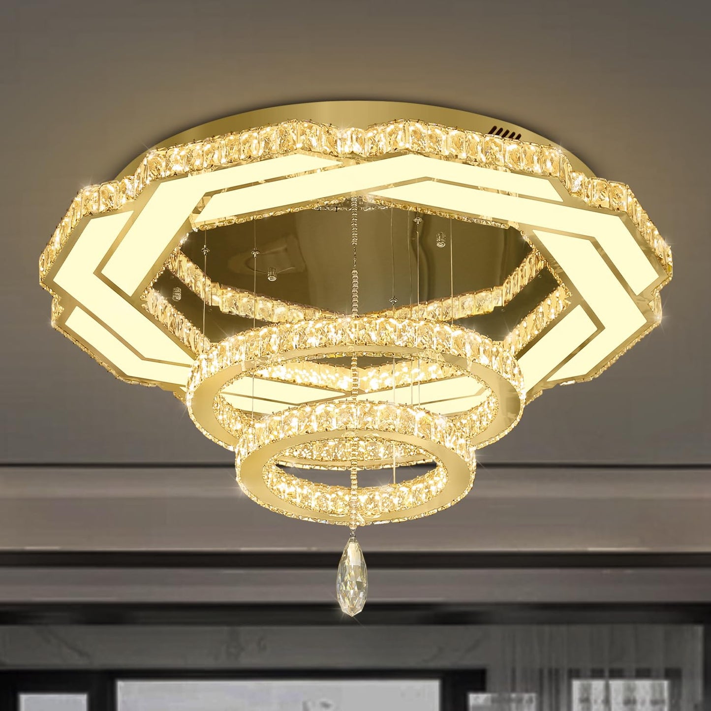 Flashing God Crystal Chandeliers Dia 32" Silver Elegant Chandelier Flush Mount Ceiling Light for Bedroom Living Room Dining Room Hallway Dimmable 3 Rings LED Celing Lighting Fixtures