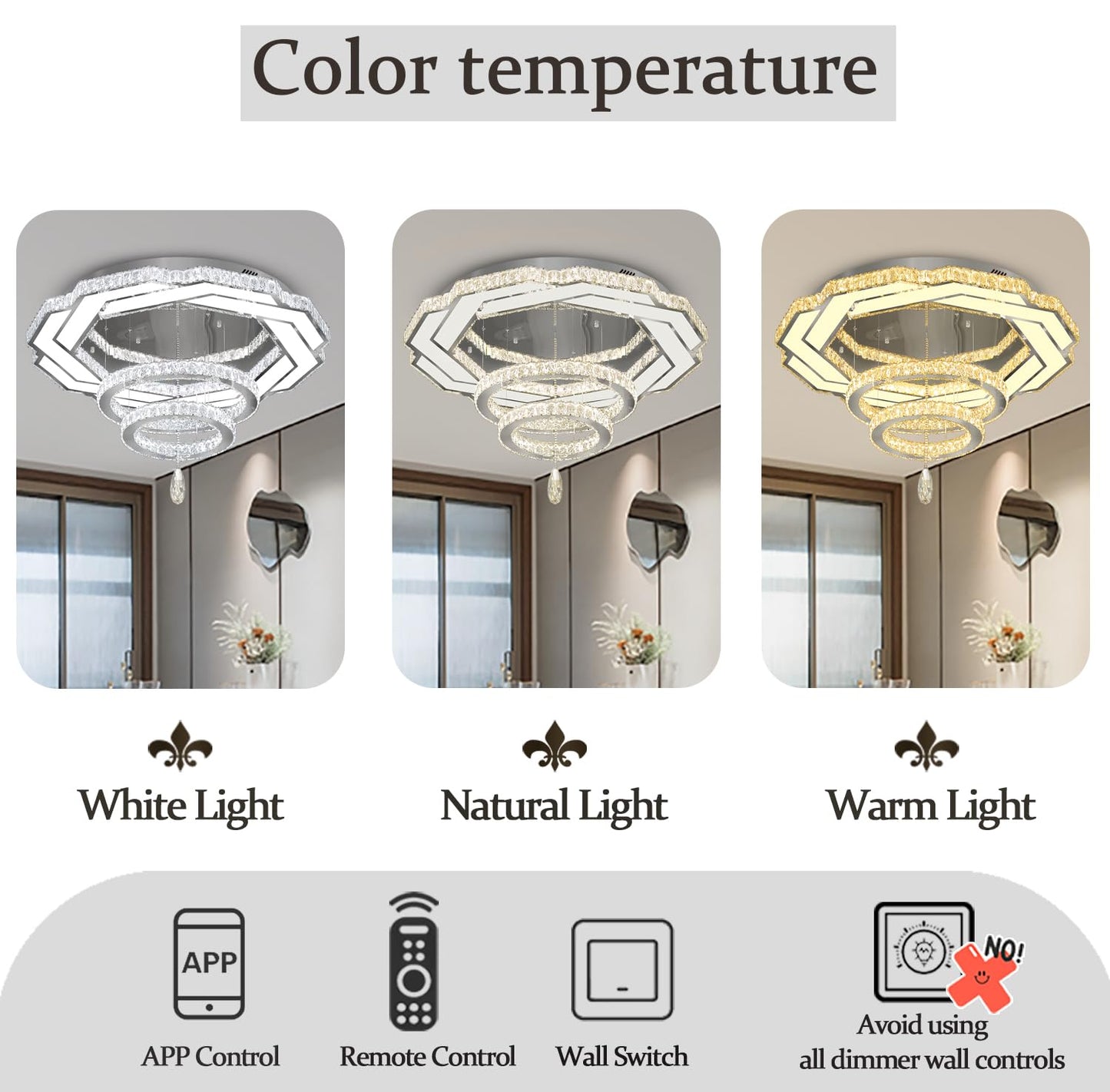 Flashing God Crystal Chandeliers Dia 32" Silver Elegant Chandelier Flush Mount Ceiling Light for Bedroom Living Room Dining Room Hallway Dimmable 3 Rings LED Celing Lighting Fixtures