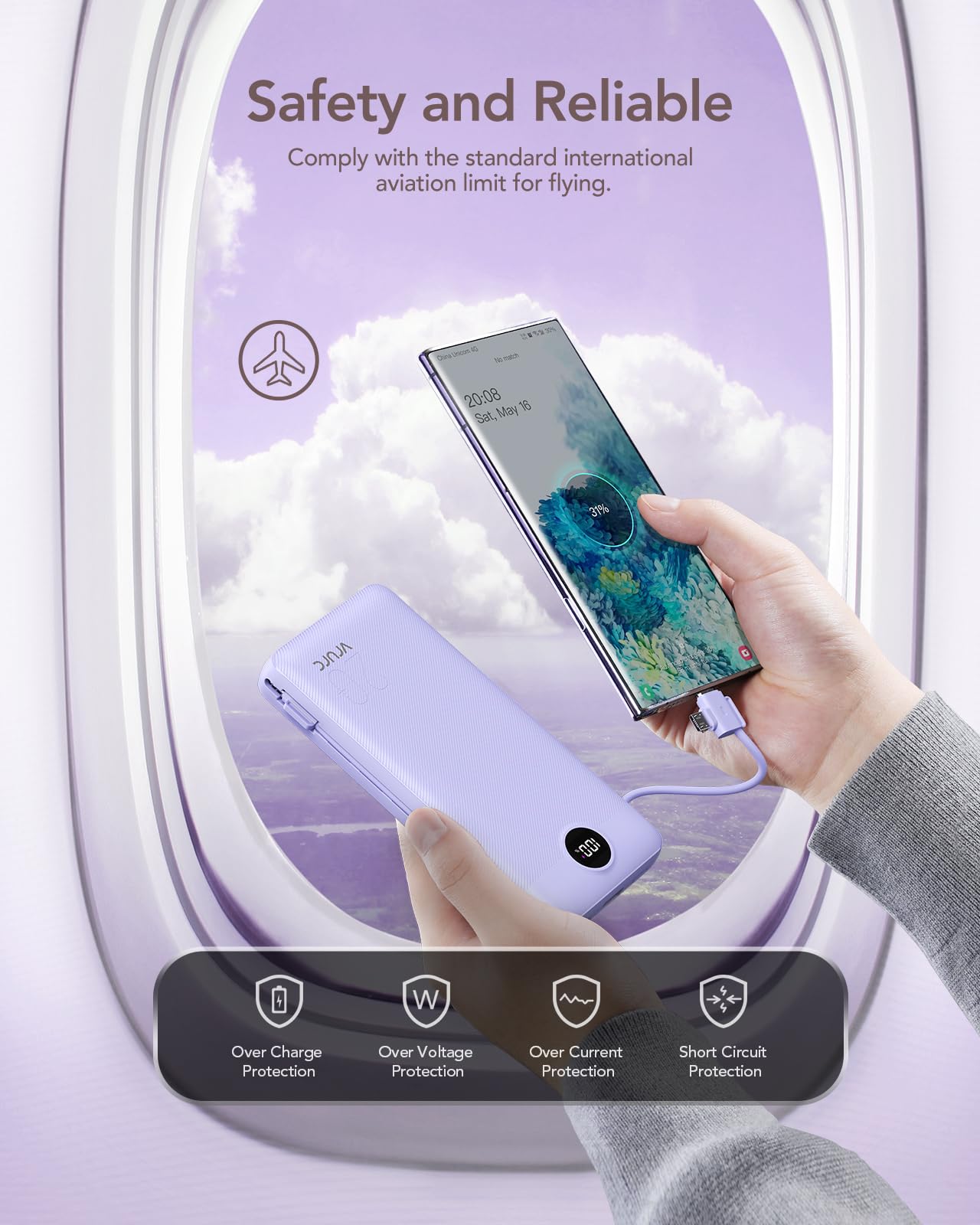 VRURC Power Bank 20000mAh, Fast Charging Portable Charger USB C,4 Output 2 Input Charging Bank Equipped with LED Display,Built-in Wall Plug and Cables,Cell Phone Replacement Battery,White