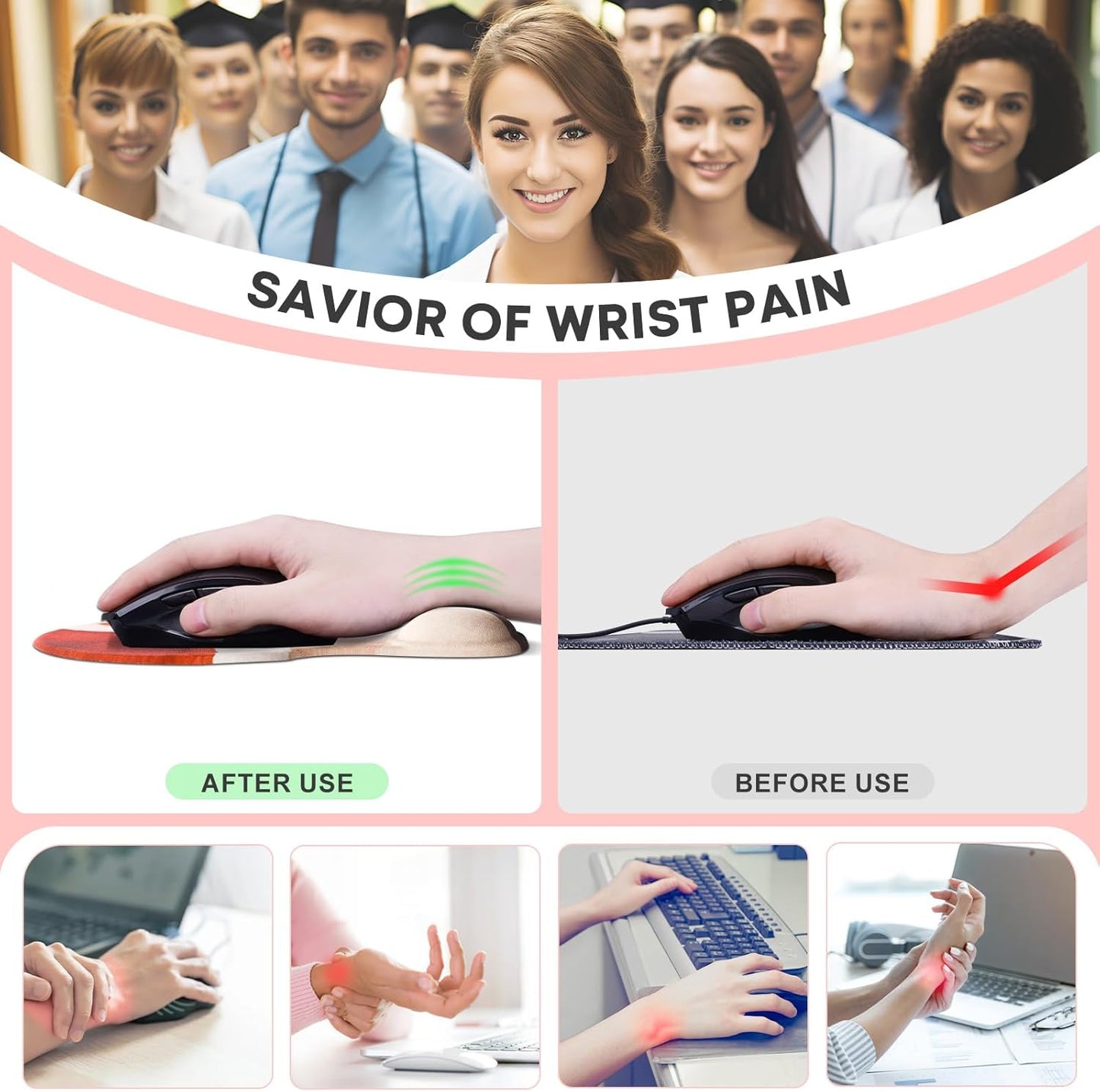 JIKIOU Mouse Pad, 2 Pack Ergonomic Mouse Pads with Comfortable Gel Wrist Rest Support and Lycra Cloth, Non-Slip PU Base for Easy Typing Pain Relief Durable and Easy to Clean Small Black