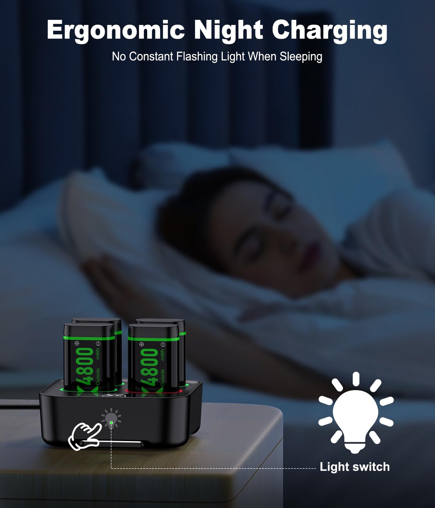 Upgraded Fast Charging Rechargeable Battery Packs with Light Control, 4 x 3600mWh Xbox Controller Batteries with Battery Charging Dock/Station for Xbox One/Xbox Series X|S, Xbox One S/X/Elite(1500mAh)