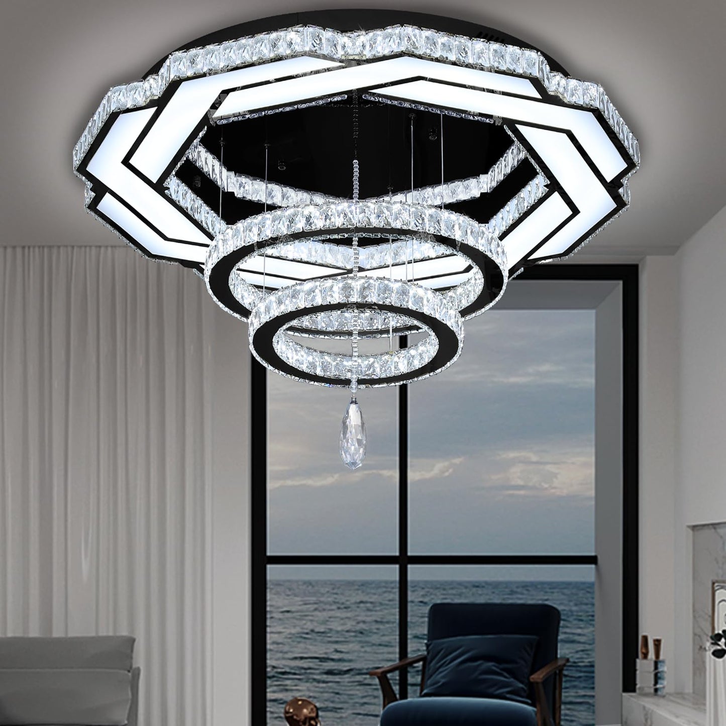 Flashing God Crystal Chandeliers Dia 32" Silver Elegant Chandelier Flush Mount Ceiling Light for Bedroom Living Room Dining Room Hallway Dimmable 3 Rings LED Celing Lighting Fixtures