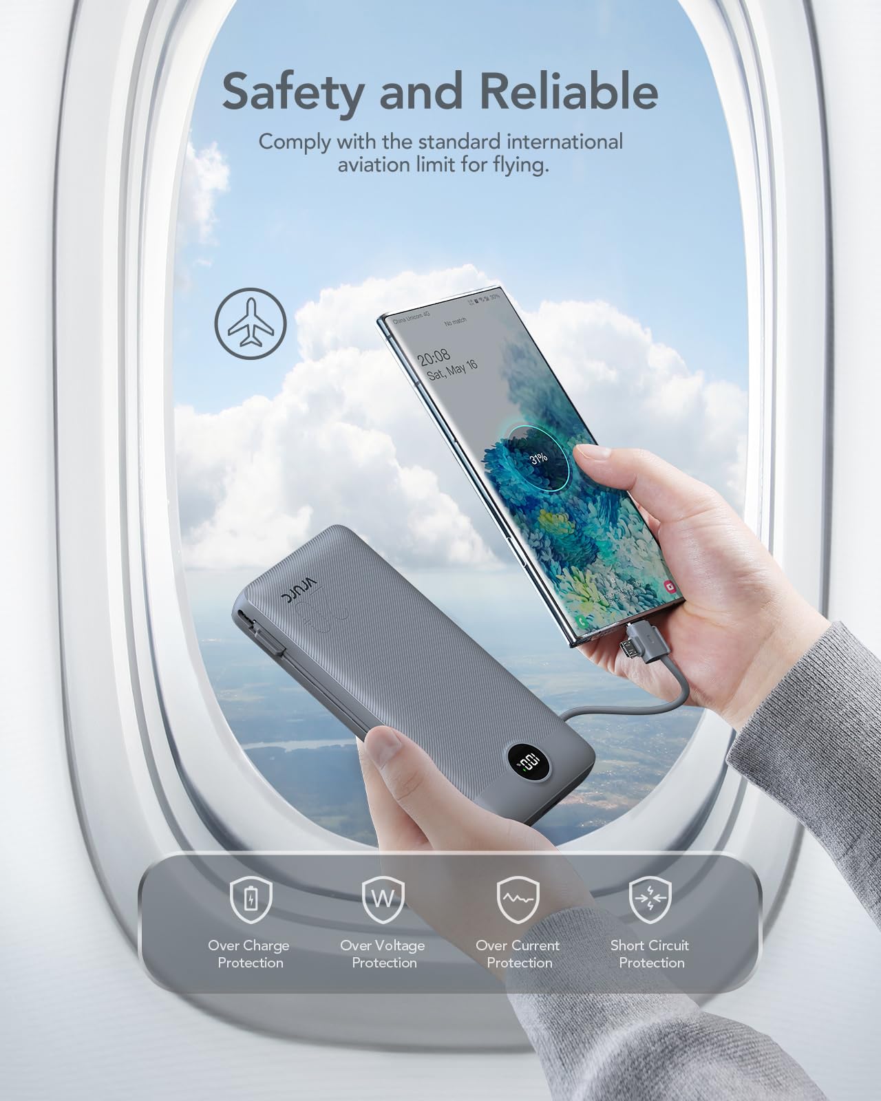 VRURC Power Bank 20000mAh, Fast Charging Portable Charger USB C,4 Output 2 Input Charging Bank Equipped with LED Display,Built-in Wall Plug and Cables,Cell Phone Replacement Battery,White