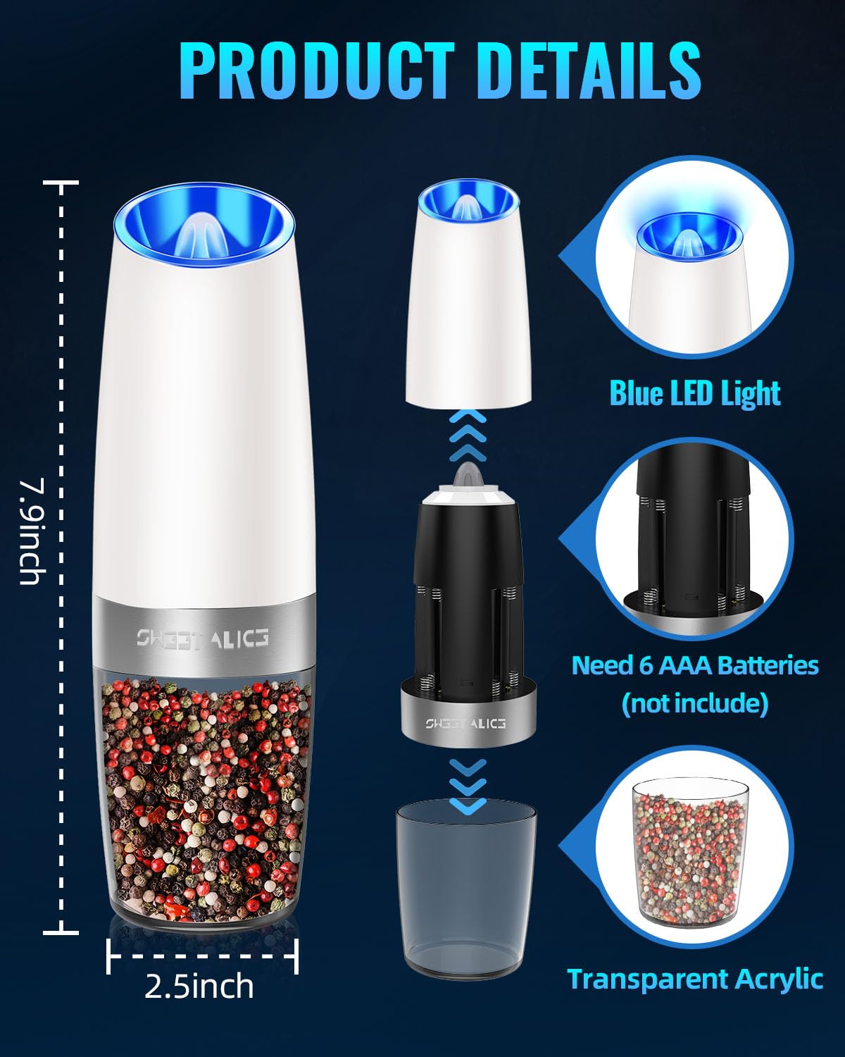 Gravity Electric Pepper and Salt Grinder Set, Salt and Pepper Mill & Adjustable Coarseness, Battery Powered with LED Light, One Hand Automatic Operation, Stainless Steel (Set/Silver)