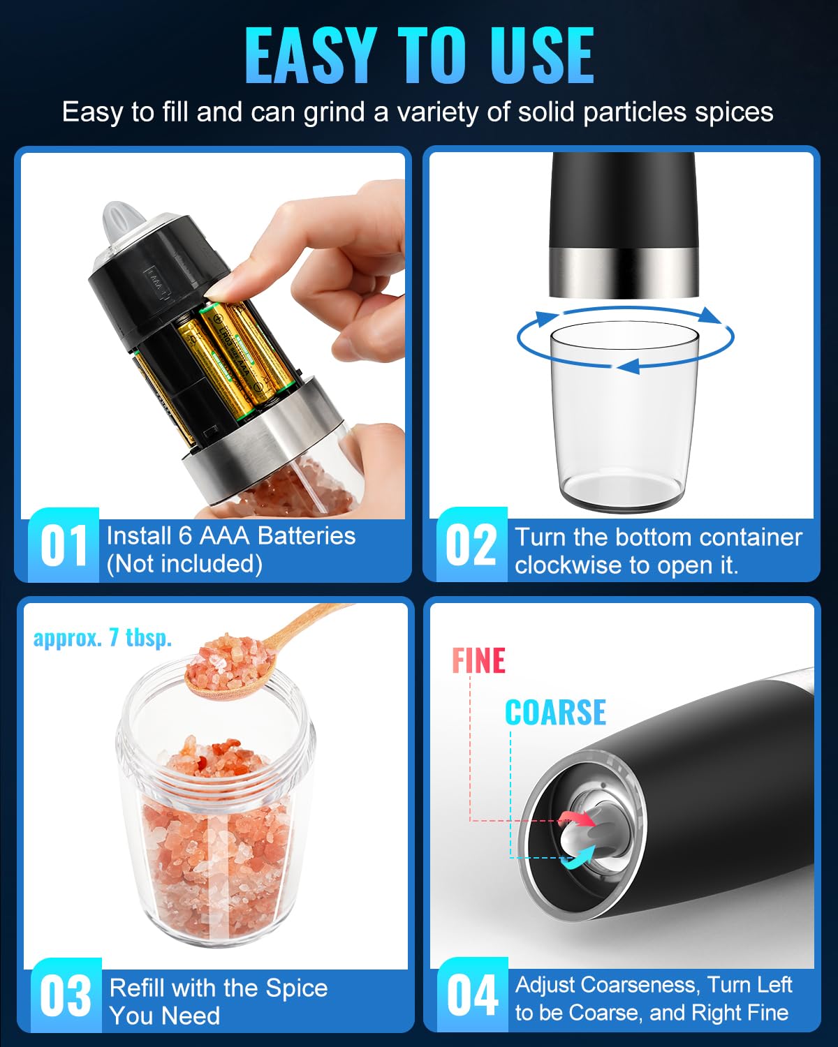 Gravity Electric Pepper and Salt Grinder Set, Salt and Pepper Mill & Adjustable Coarseness, Battery Powered with LED Light, One Hand Automatic Operation, Stainless Steel (Set/Silver)