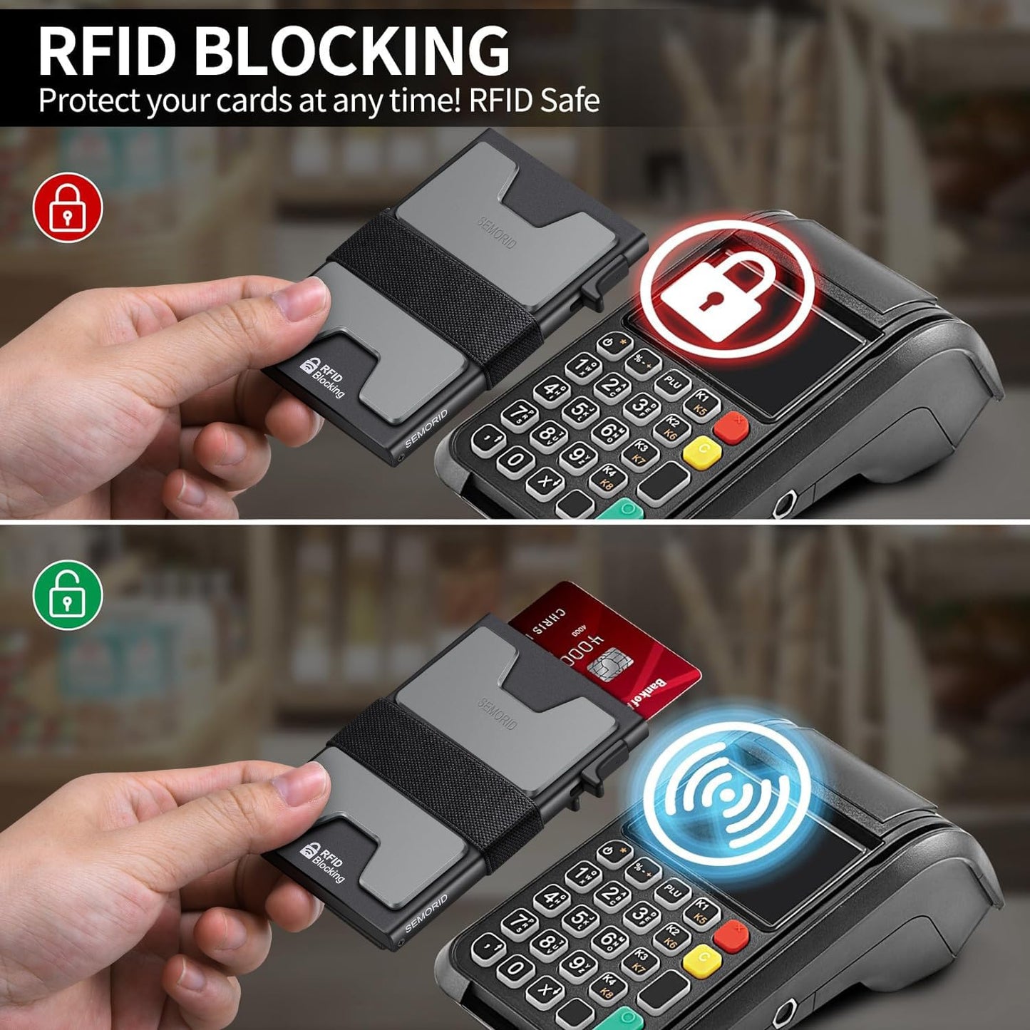 Slim Aluminum Card Holder Wallet for Men, Durable Expandable Backplate, RFID Blocking Minimalist Metal Pop Up Wallet, Holds 12+ Cards Plus Cash (Black)