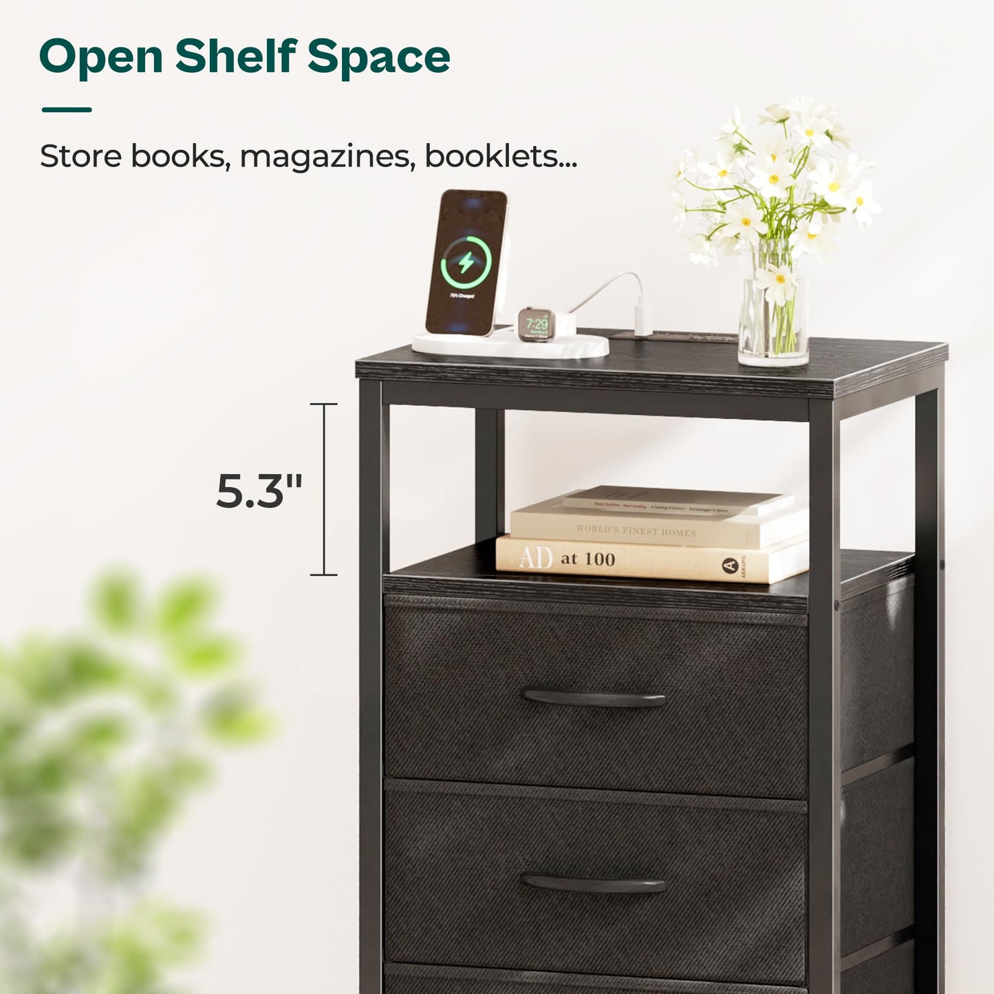 Huuger Nightstand with Charging Station, Side Table with Fabric Drawers, End Table with Open Shelf, Bedside Table with USB Ports and Outlets, Night Stand for Bedroom, Rustic Brown and Black