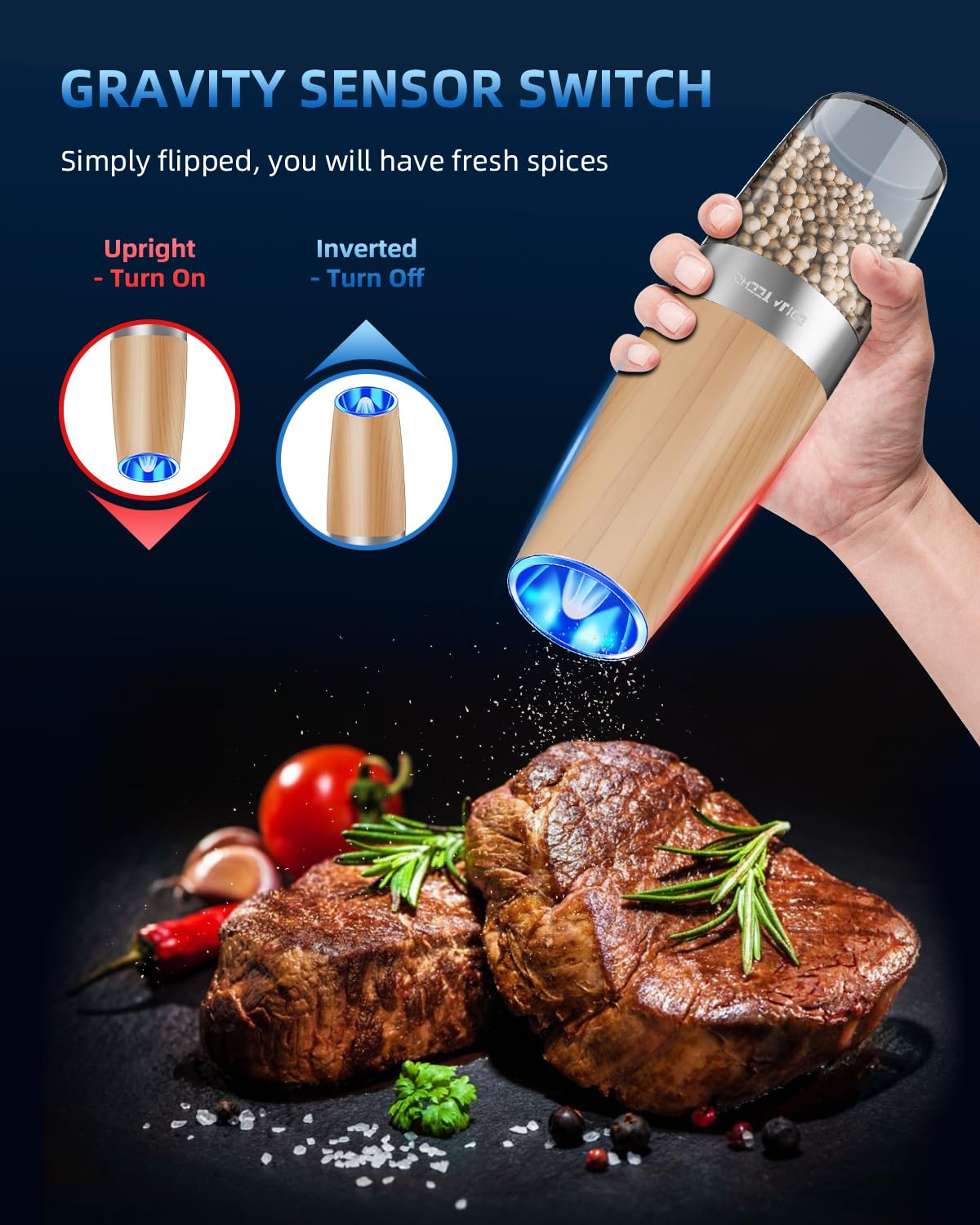 Gravity Electric Pepper and Salt Grinder Set, Salt and Pepper Mill & Adjustable Coarseness, Battery Powered with LED Light, One Hand Automatic Operation, Stainless Steel (Set/Silver)