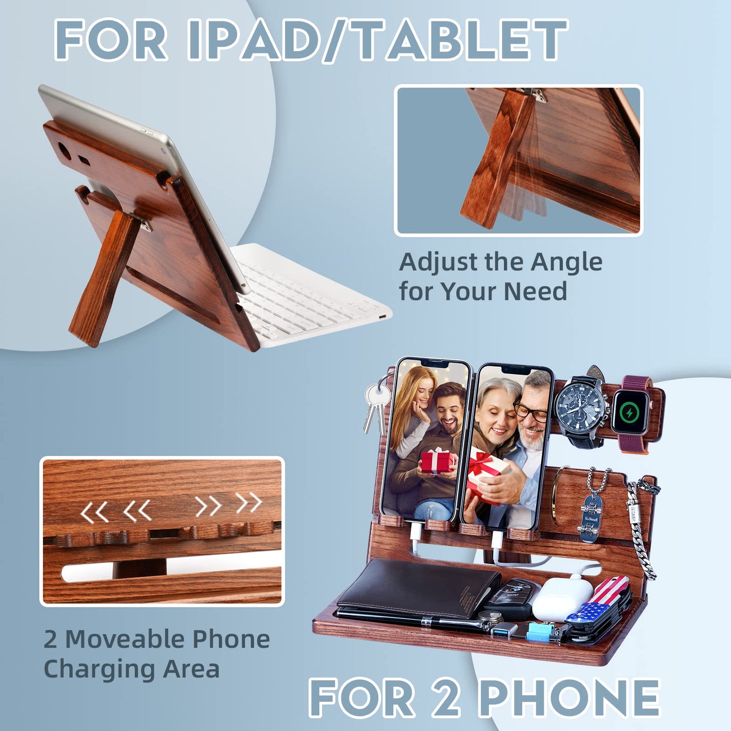 Gifts for Men Dad from Daughter Son Christmas, Wood Phone Docking Station with Drawer, Husband Birthday Gifts Him Boyfriend from Wife Anniversary Nightstand Organizer Xmas Stocking Stuffers