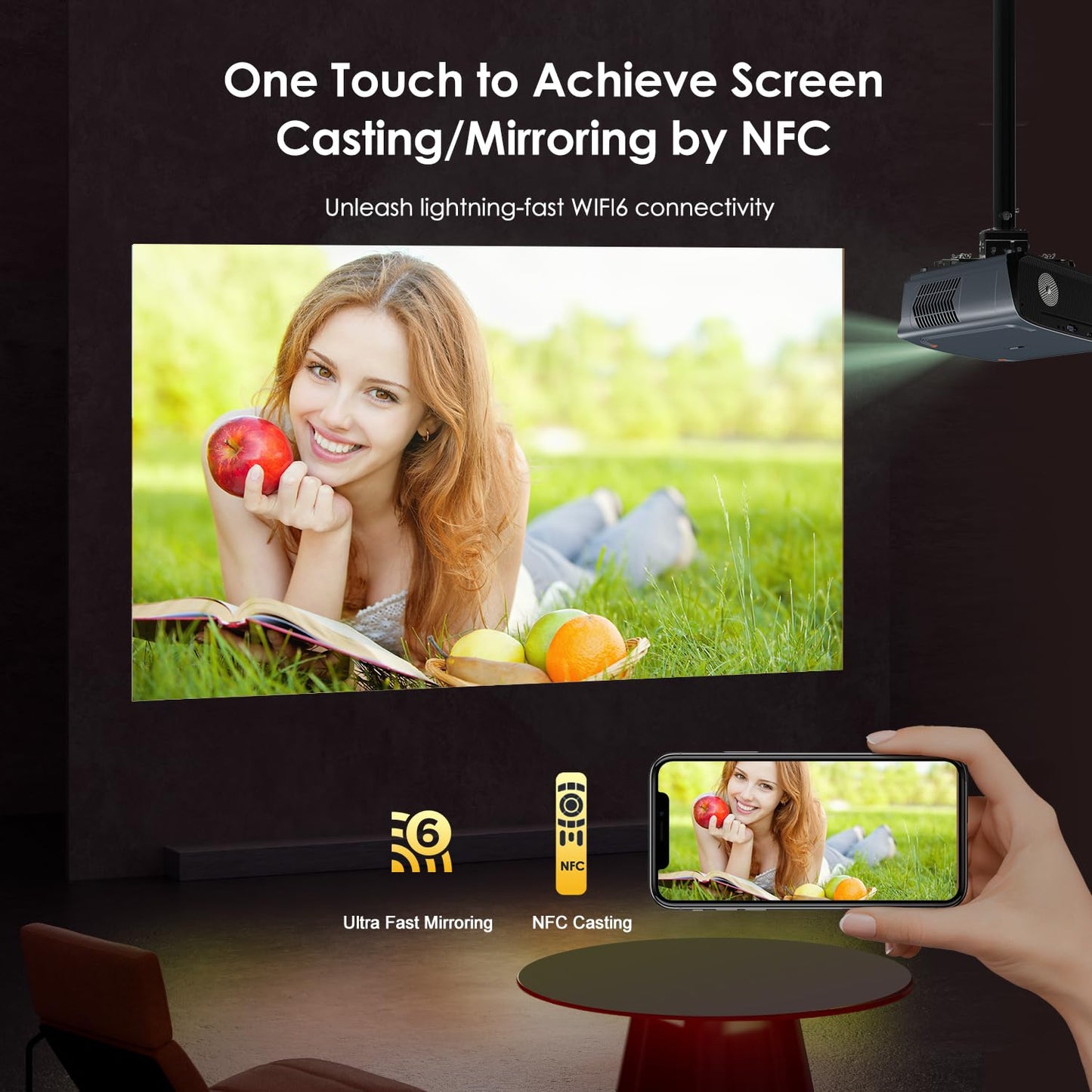 Smart 4K Projector 1400ANSI Daytime Viewing,High Brightness Movie Projetcor with WIFI6 Bluetooth NFC Casting for 300Inch Display 5G Home Theater Outdoor Projector with Netflix Disney+ Youtube Apps