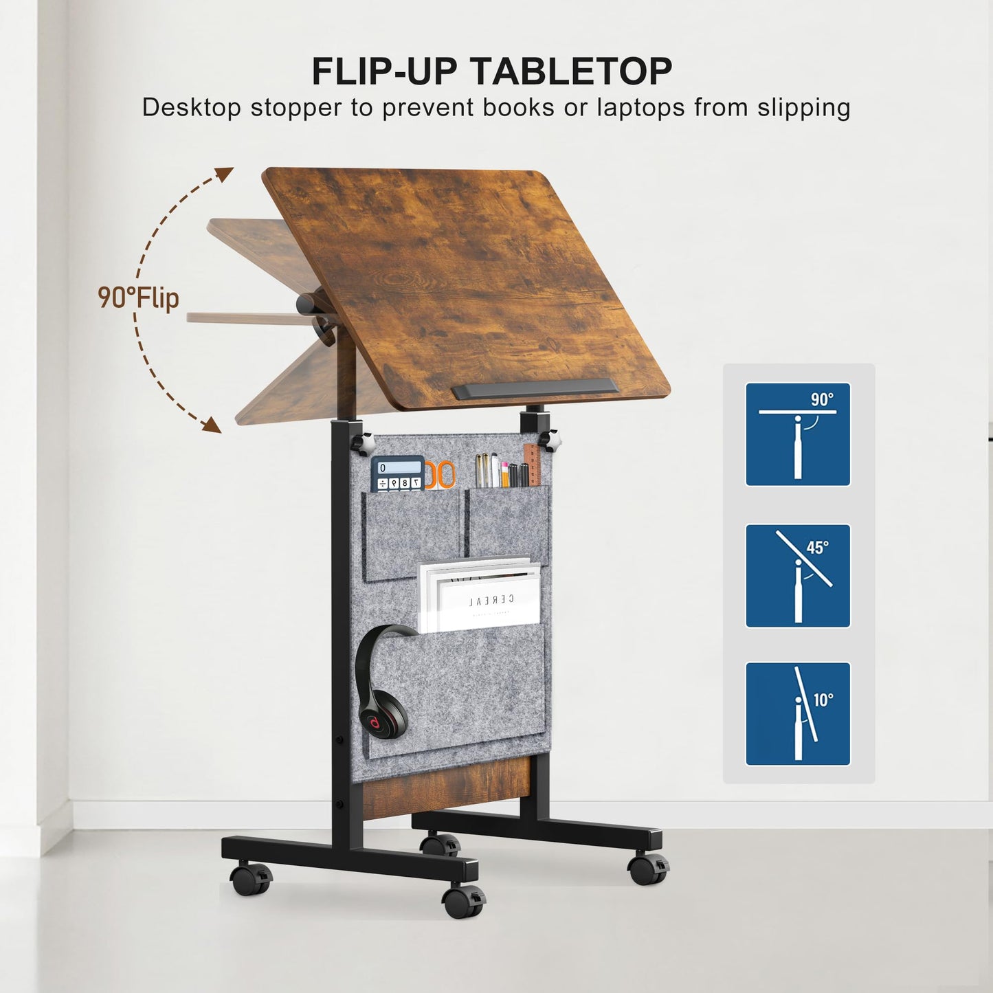 KOUPA Height Adjustable Mobile Standing Desk 16×24 in,360° Flip Desk Stand Desk Home Office Table Standing Desk for Small Space Offices,Easy to Assemble(Rustic Brown Desktop)