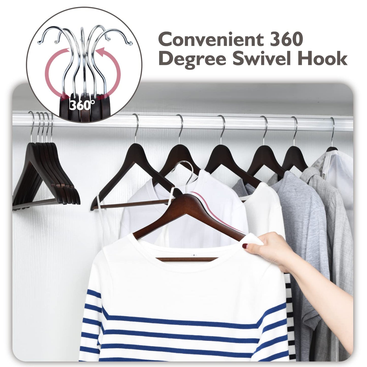 Wood Hangers 30 Pack, Non-Slip Wooden Hangers with 360° Swivel Hook & Notches, Slim Coat Hangers for Shirt, Suit, Jacket, Dress, Natural