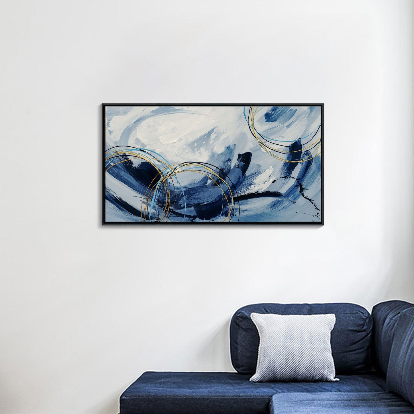 yiijeah Wall Art for Living Room - Framed Picture Artwork for Walls - Blue Wall Art 24x48 Inches Contemporary Abstract Wall Art Prints Canvas Painting Large Size Wall Art for Bedroom Office