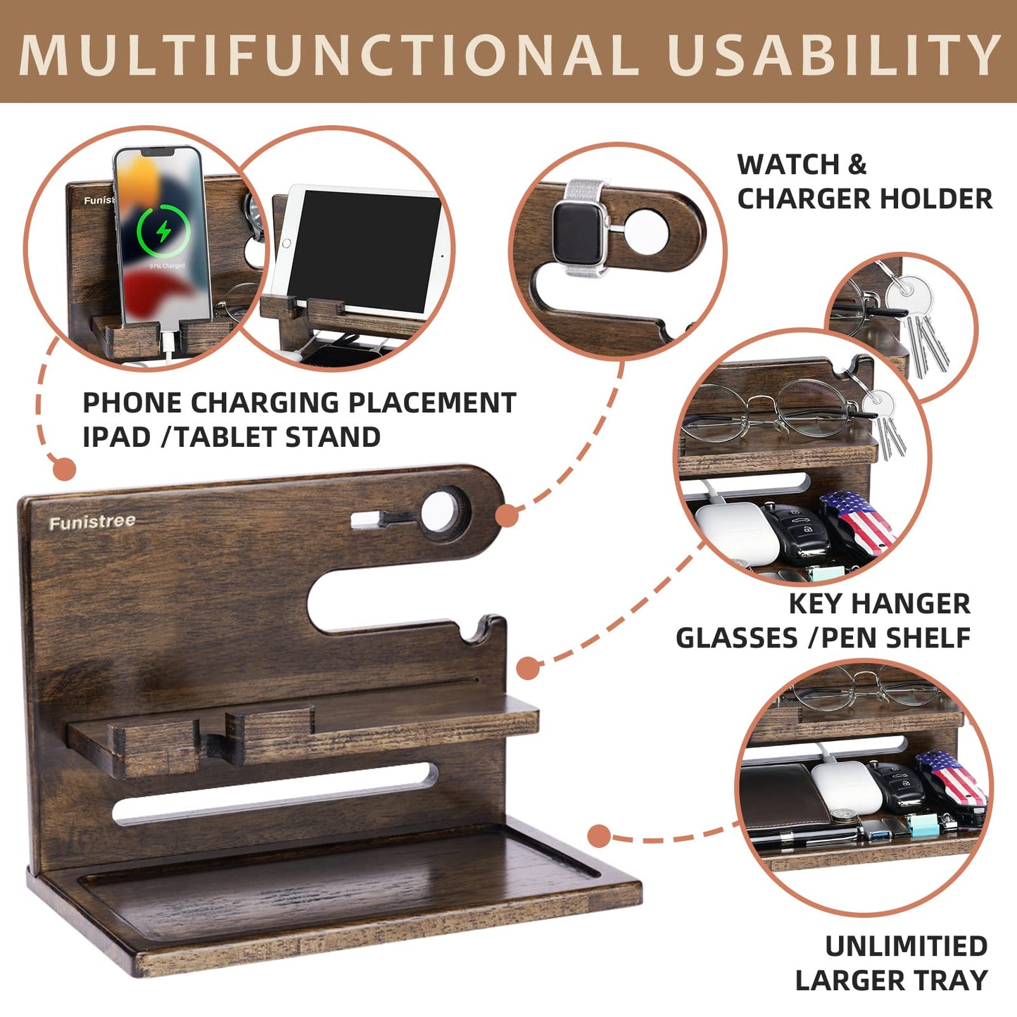 Gifts for Men Dad from Daughter Son Christmas, Wood Phone Docking Station with Drawer, Husband Birthday Gifts Him Boyfriend from Wife Anniversary Nightstand Organizer Xmas Stocking Stuffers