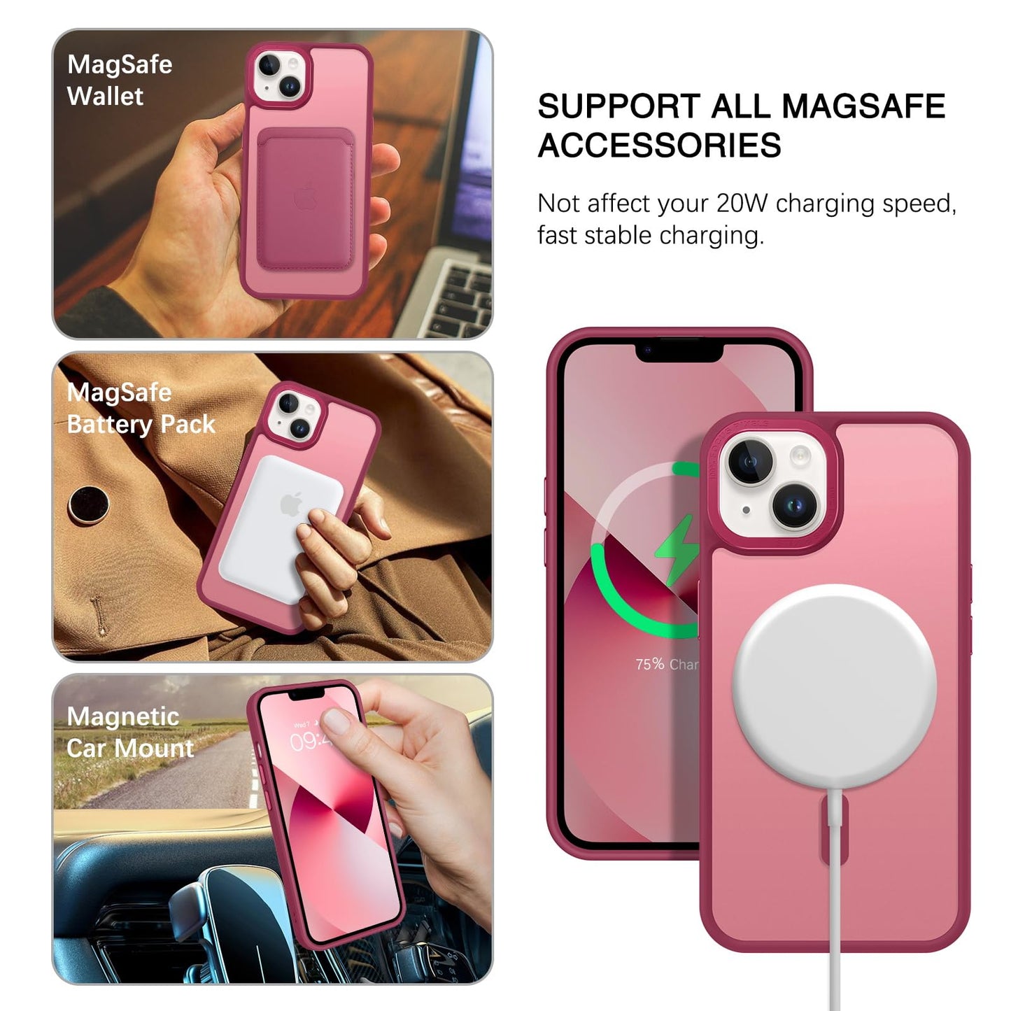 BENTOBEN Magnetic for iPhone 13 Case & iPhone 14 Case [Compatible with Magsafe] Translucent Matte Phone Case iPhone 13/14 Slim Fit Shockproof Women Men Protective Cover for iPhone 13/14 6.1", Hot Pink