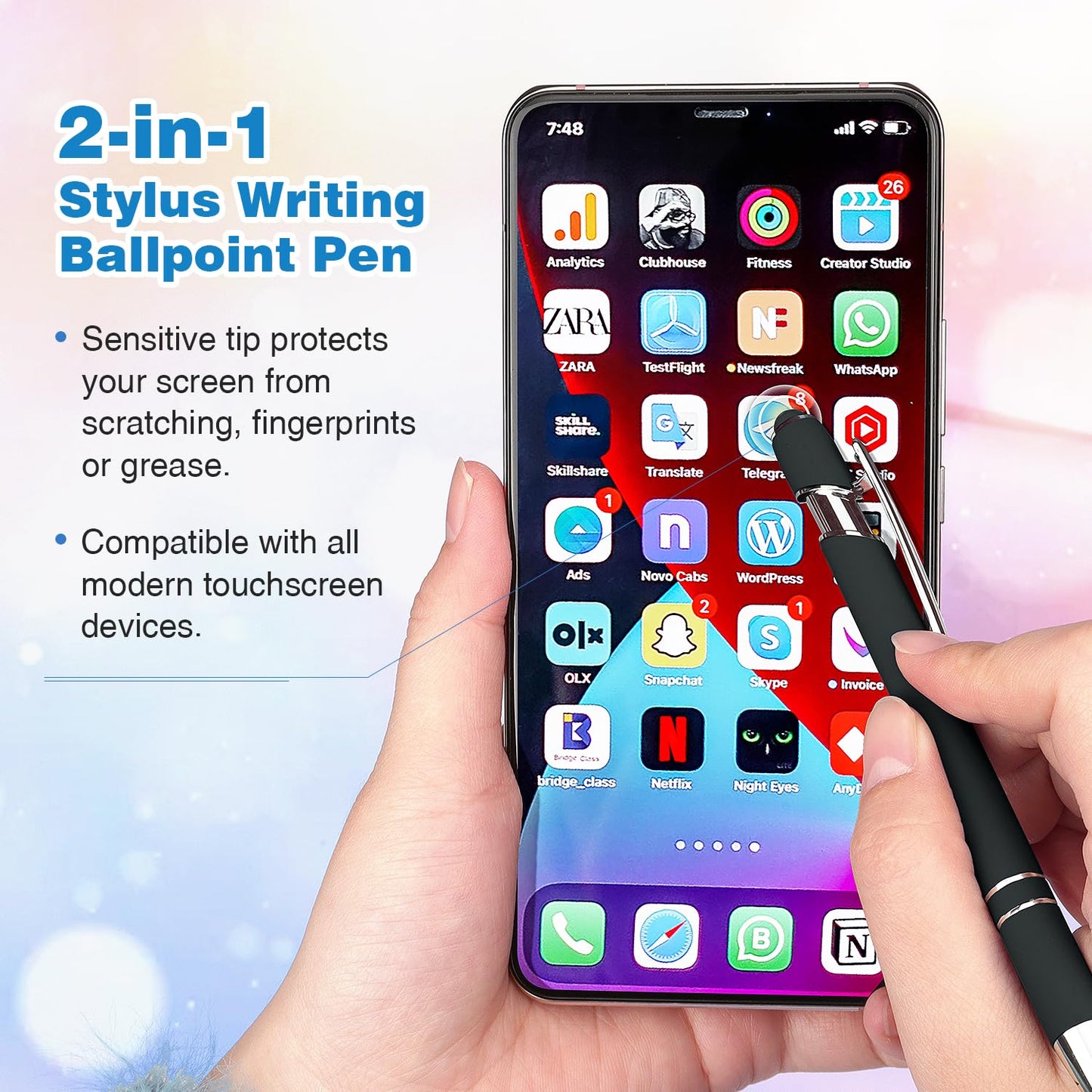 8 Pack Ballpoint Pen 2-in-1 Stylus Retractable Ballpoint Pen with Stylus tip, Metal Stylus Pen for Touch Screens, 1.0 mm Black Ink