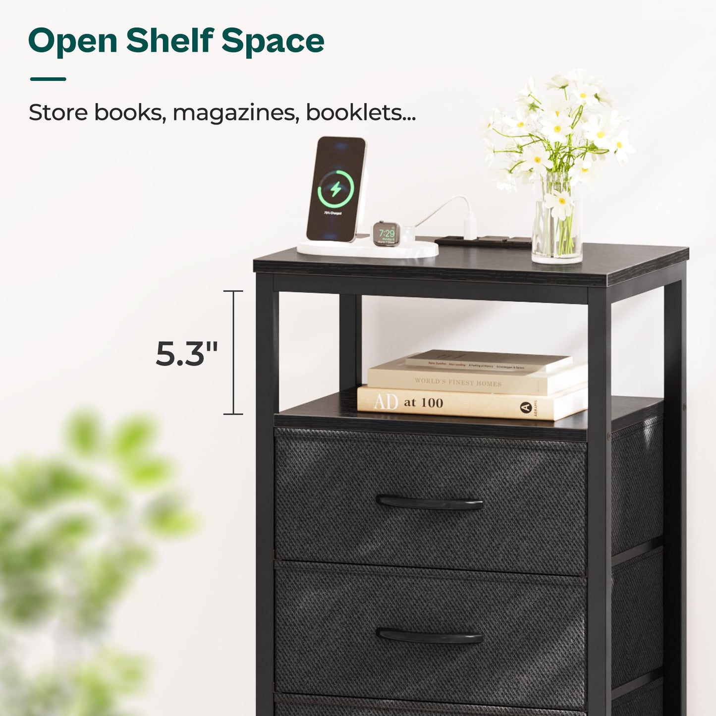 Huuger Nightstand with Charging Station, Side Table with Fabric Drawers, End Table with Open Shelf, Bedside Table with USB Ports and Outlets, Night Stand for Bedroom, Rustic Brown and Black