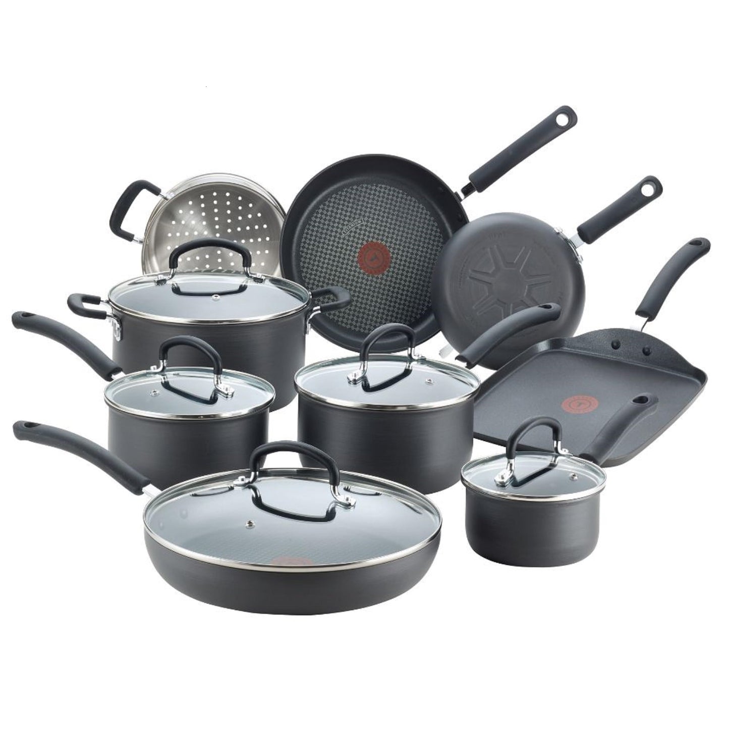 T-fal Ultimate Hard Anodized Nonstick Cookware Set 17 Piece, Oven Broiler Safe 400F, Lid Safe 350F, Kitchen Cooking Set w/ Fry Pans, Saucepans, Saute Pan, Griddle, Pots and Pans, Dishwasher Safe Black