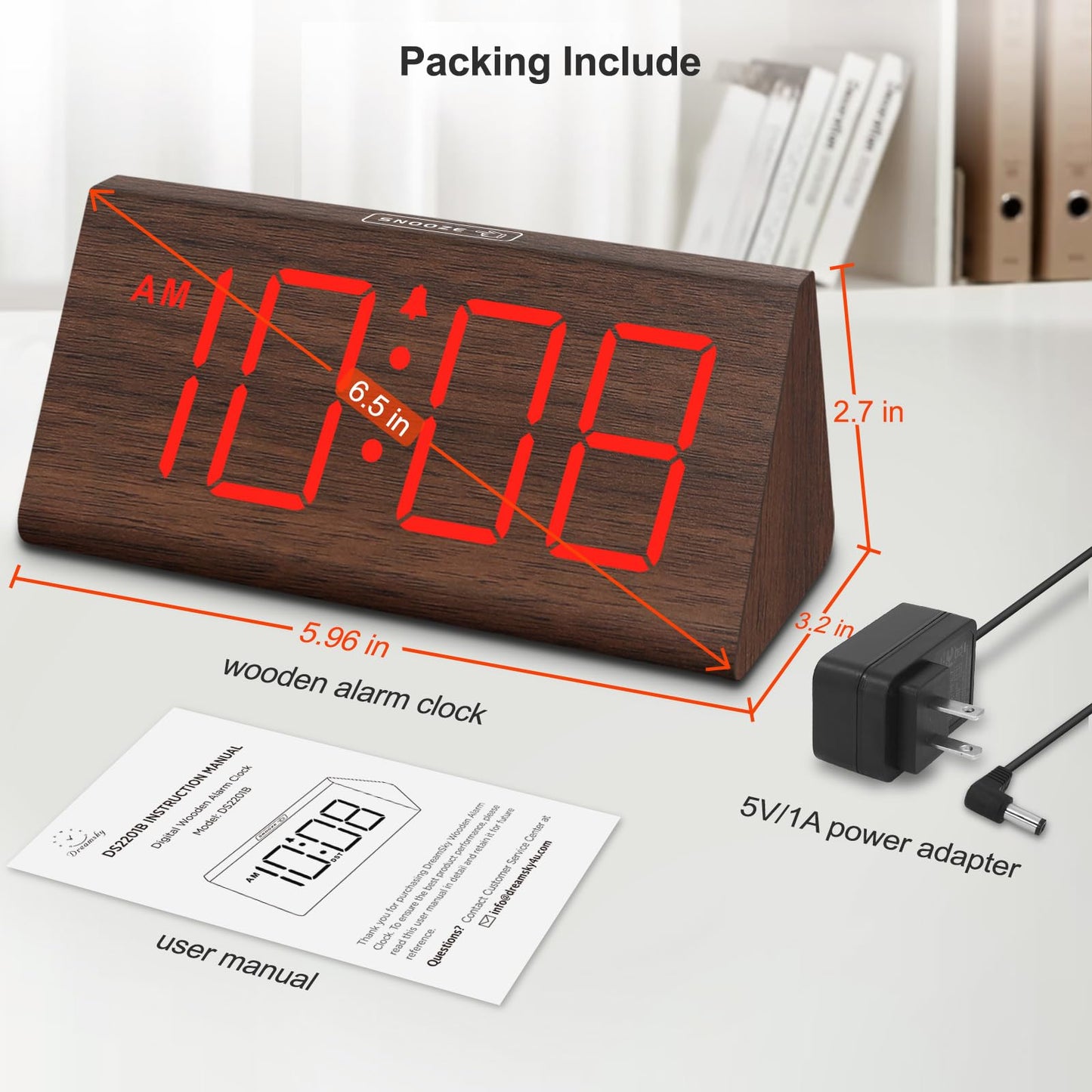 DreamSky Wooden Digital Alarm Clocks for Bedrooms - Electric Desk Clock with Large Numbers, USB Port, Loud Alarm for Heavy Sleepers, Adjustable Volume, Dimmer, Snooze, DST, 12/24H, Wood Décor (Brown)
