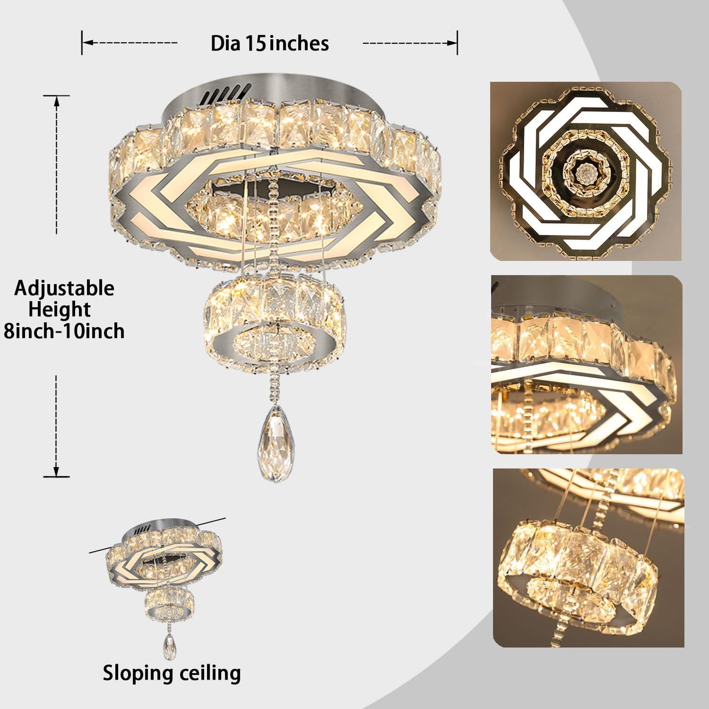 Flashing God Crystal Chandeliers Dia 32" Silver Elegant Chandelier Flush Mount Ceiling Light for Bedroom Living Room Dining Room Hallway Dimmable 3 Rings LED Celing Lighting Fixtures