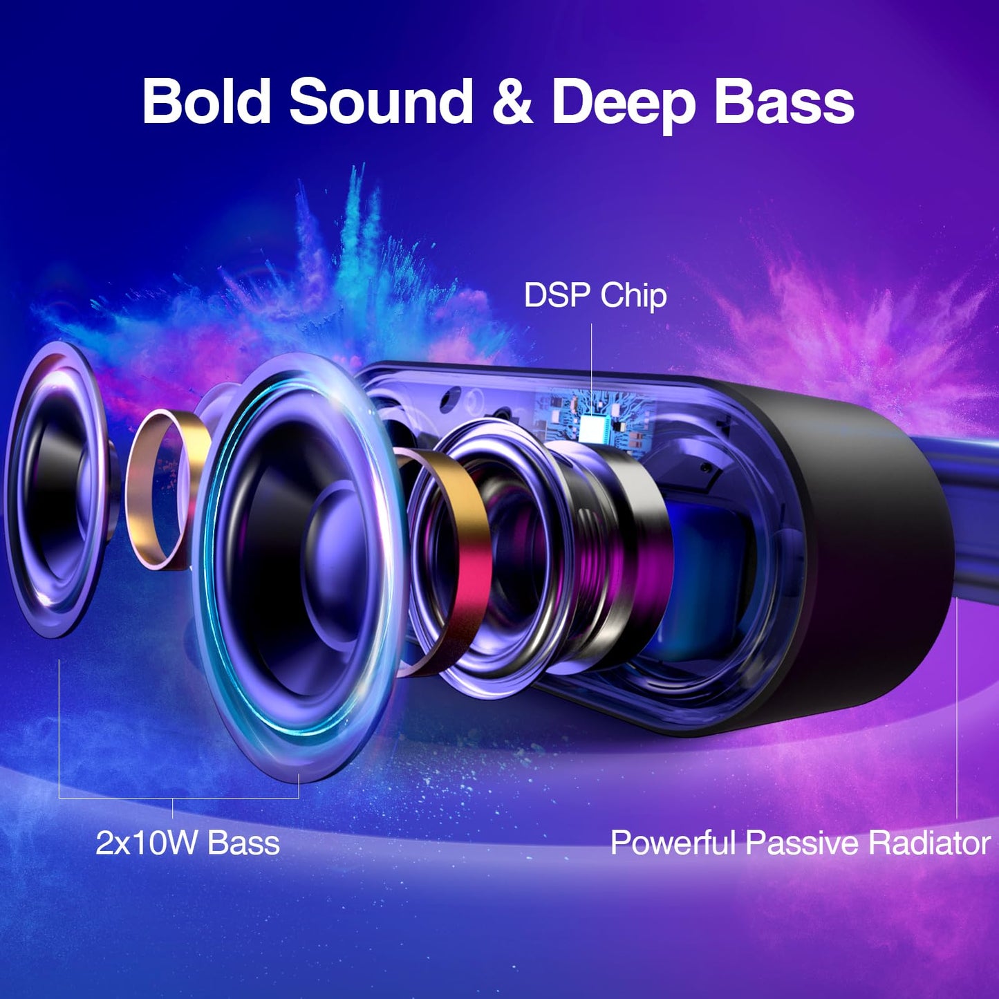 Bluetooth Speakers, [Blod Bass & Dynamic Lights] Portable Wireless Speaker with 20W Powerful Sound, 24Hrs Playtime, Build-in MIC, IP66 Waterproof/Dustproof Blue Tooth Speaker