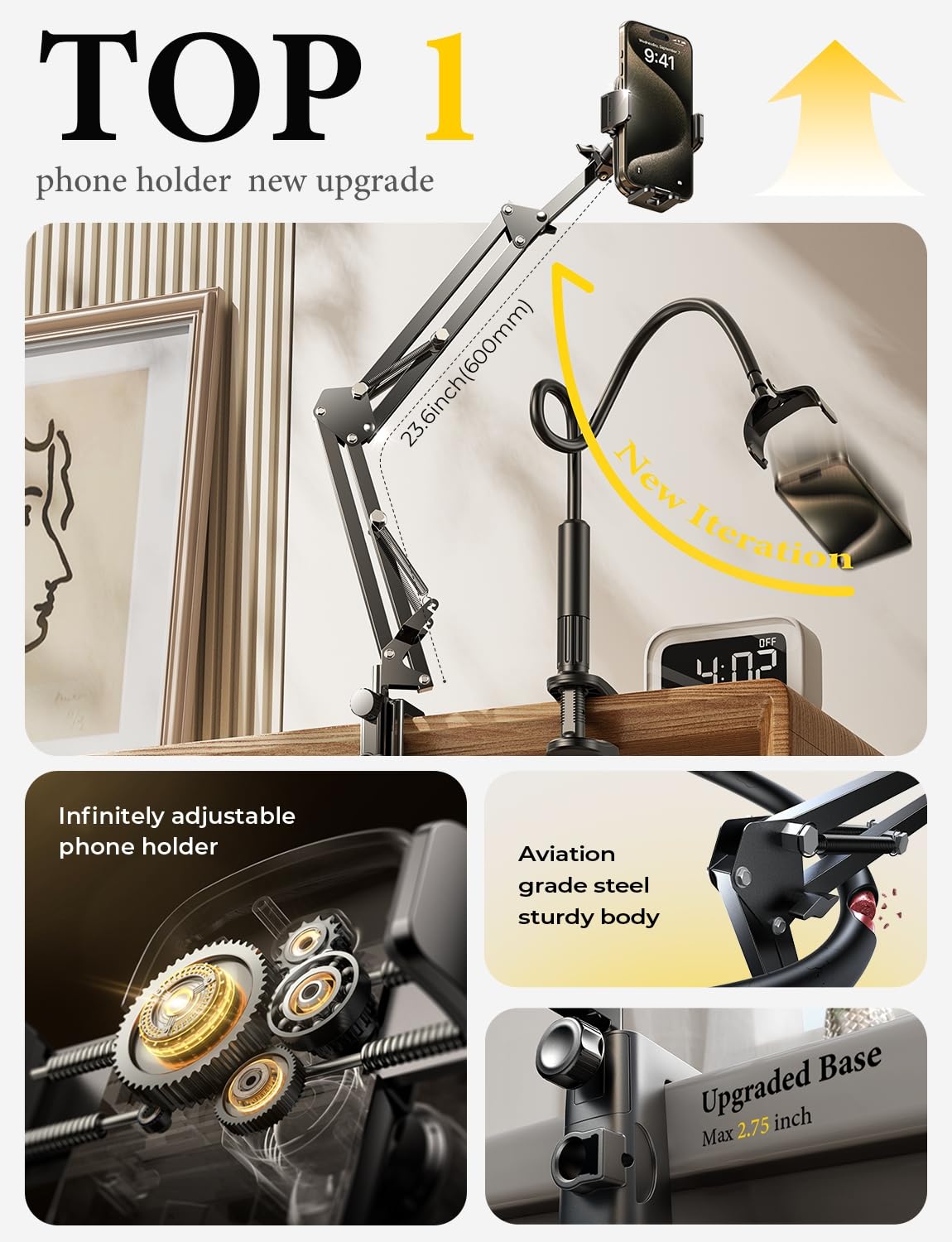 LISEN for Gooseneck Phone Holder for Bed Desk [3rd Upgrade] Cell Phone Stand for Desk Bed iPhone Holder Laying Down Bed Accessories,Flexible Arm Clamp Clip Phone Mount Stand for Filming Fits iPhone 16