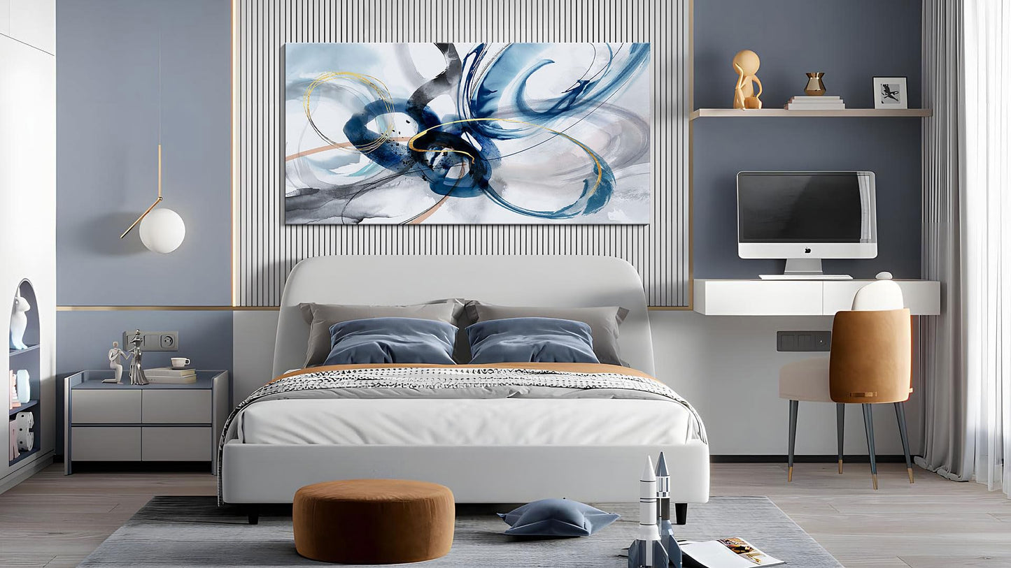 yiijeah Wall Art for Living Room - Framed Picture Artwork for Walls - Blue Wall Art 24x48 Inches Contemporary Abstract Wall Art Prints Canvas Painting Large Size Wall Art for Bedroom Office