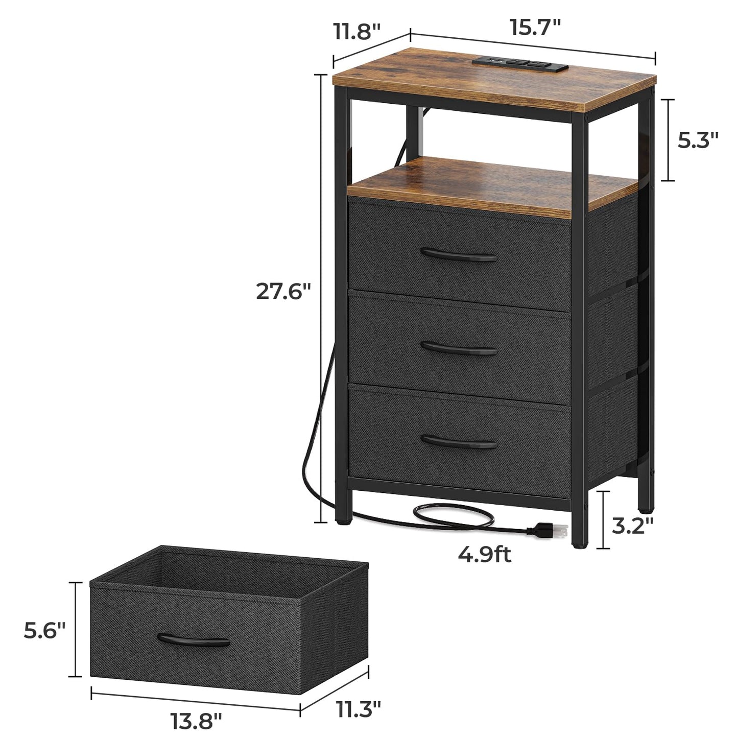 Huuger Nightstand with Charging Station, Side Table with Fabric Drawers, End Table with Open Shelf, Bedside Table with USB Ports and Outlets, Night Stand for Bedroom, Rustic Brown and Black