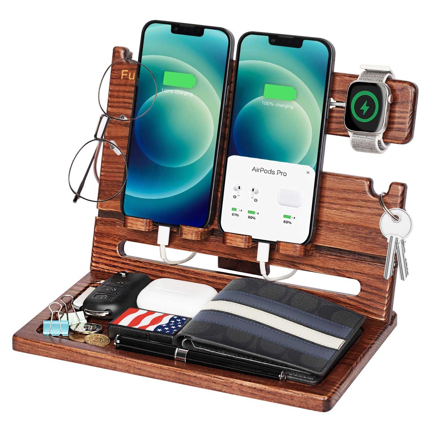 Gifts for Men Dad from Daughter Son Christmas, Wood Phone Docking Station with Drawer, Husband Birthday Gifts Him Boyfriend from Wife Anniversary Nightstand Organizer Xmas Stocking Stuffers