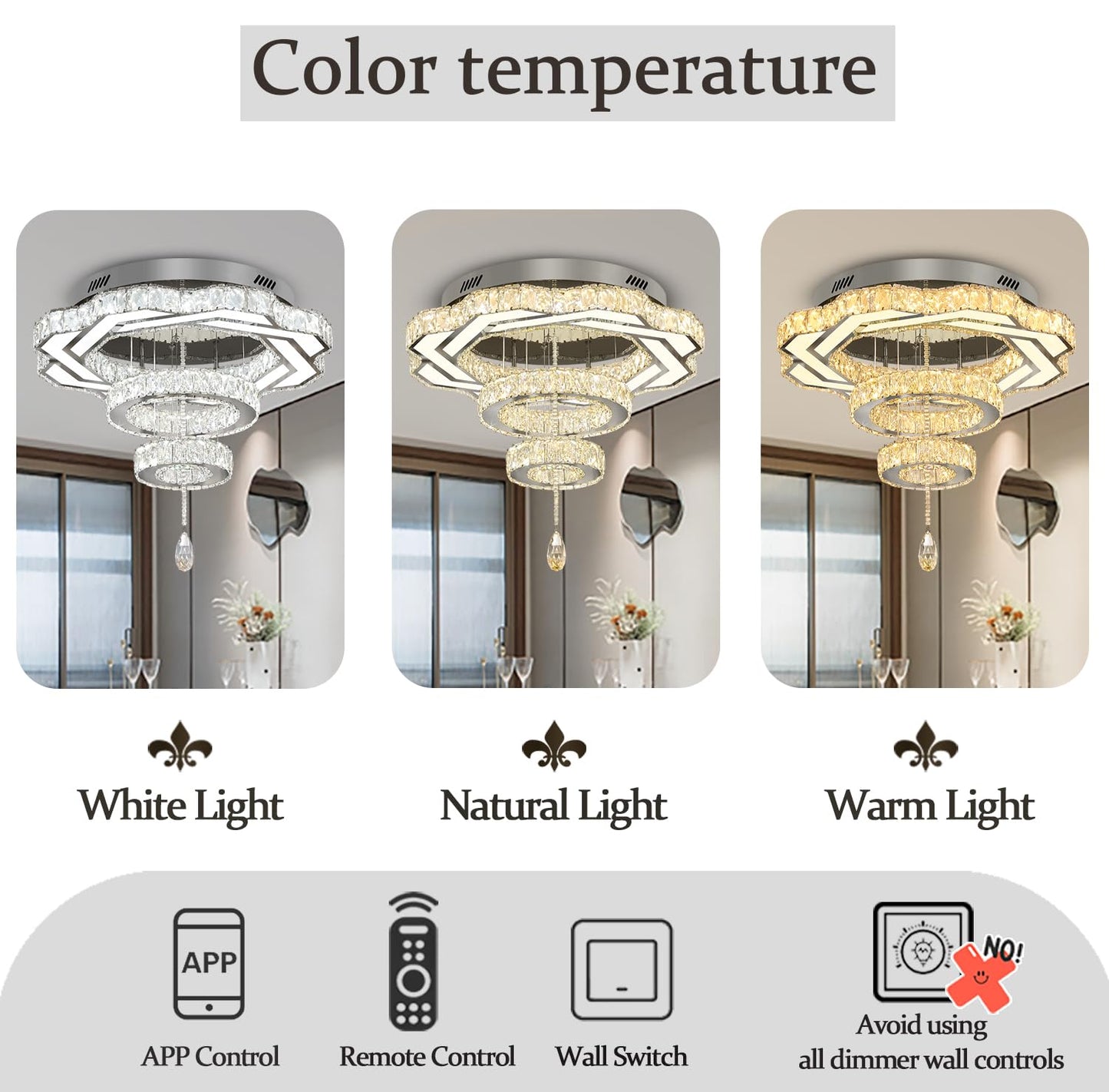 Flashing God Crystal Chandeliers Dia 32" Silver Elegant Chandelier Flush Mount Ceiling Light for Bedroom Living Room Dining Room Hallway Dimmable 3 Rings LED Celing Lighting Fixtures