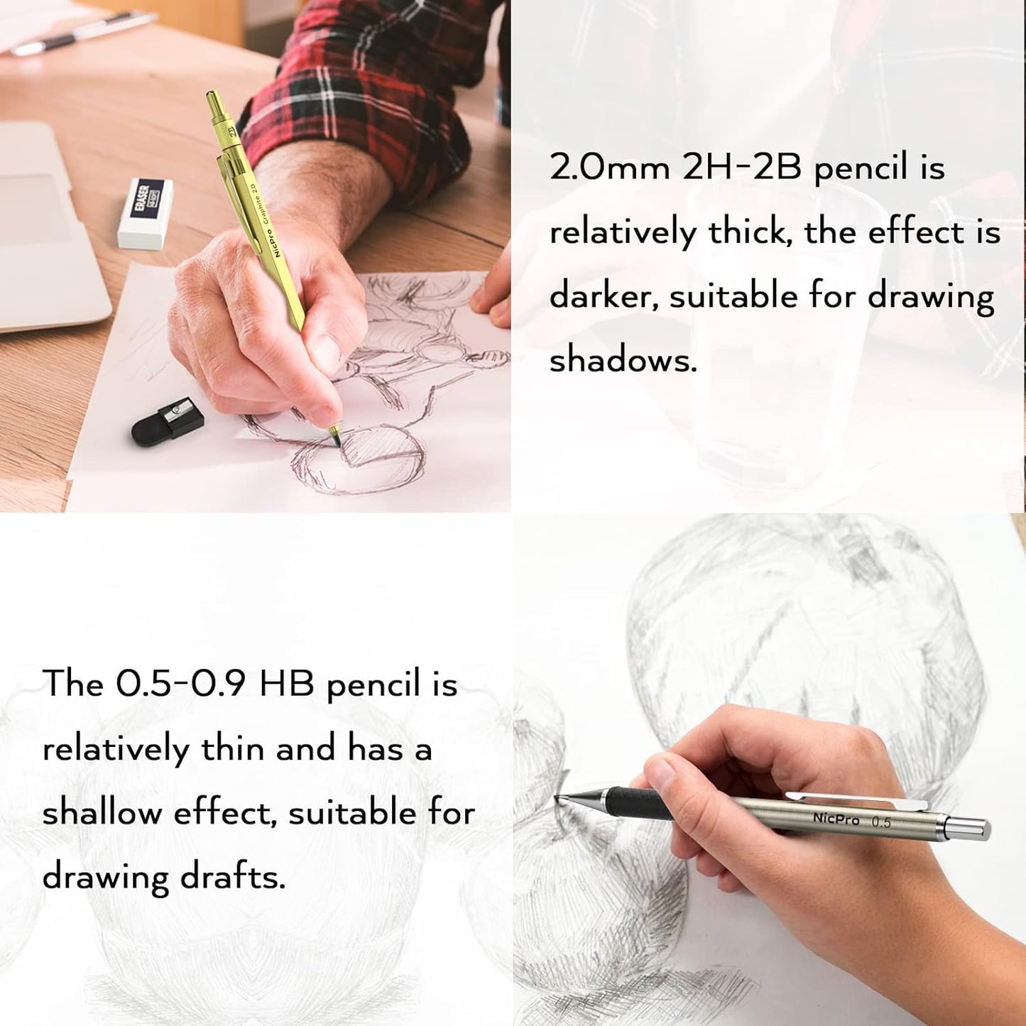 Nicpro 35PCS Art Mechanical Pencil Set, 3 PCS Metal Drafting Pencil 0.5 mm & 0.7 mm & 0.9 mm & 3 PCS 2mm Lead Holder (6B 4B 2B HB 2H 4H Colors) For Sketching Drawing With 20 Tube Lead Refills Case
