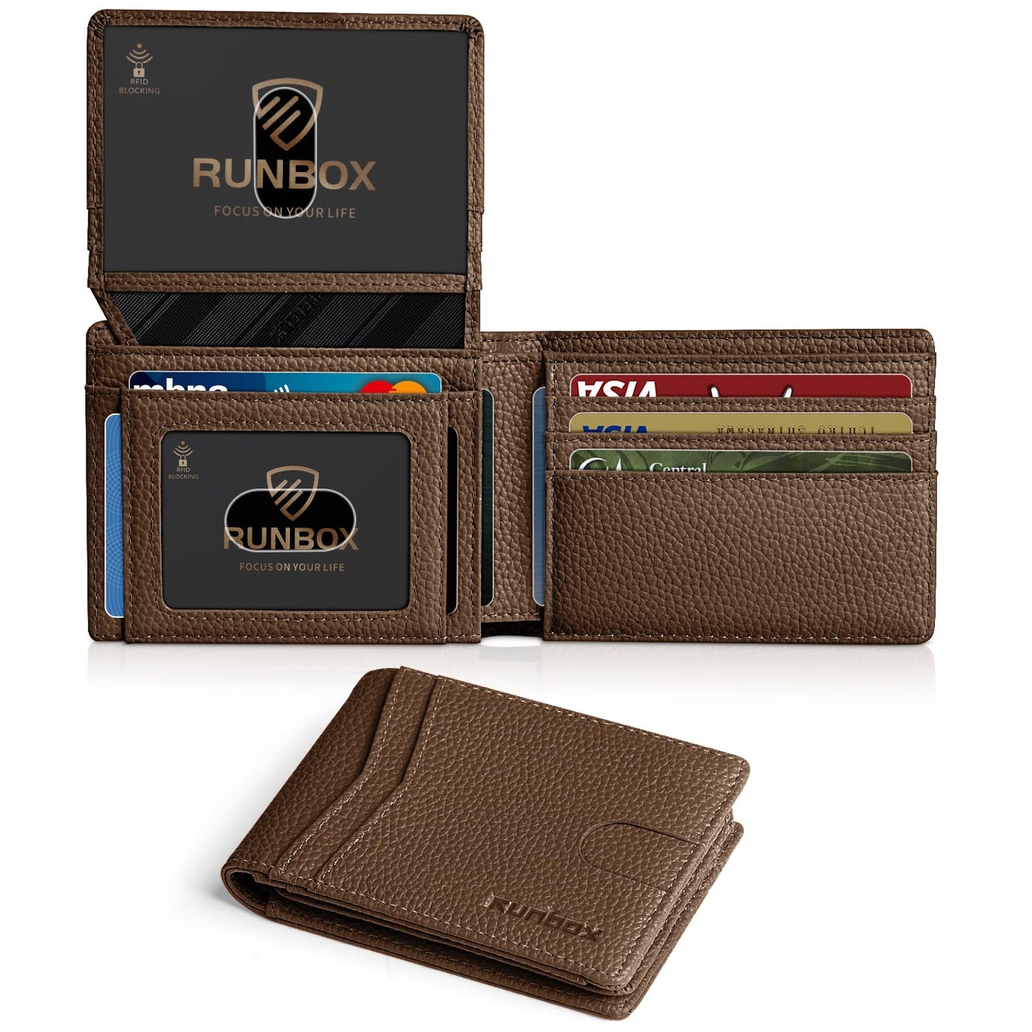 RUNBOX Wallet for Men Slim Rfid Leather 2 ID Window With Gift Box