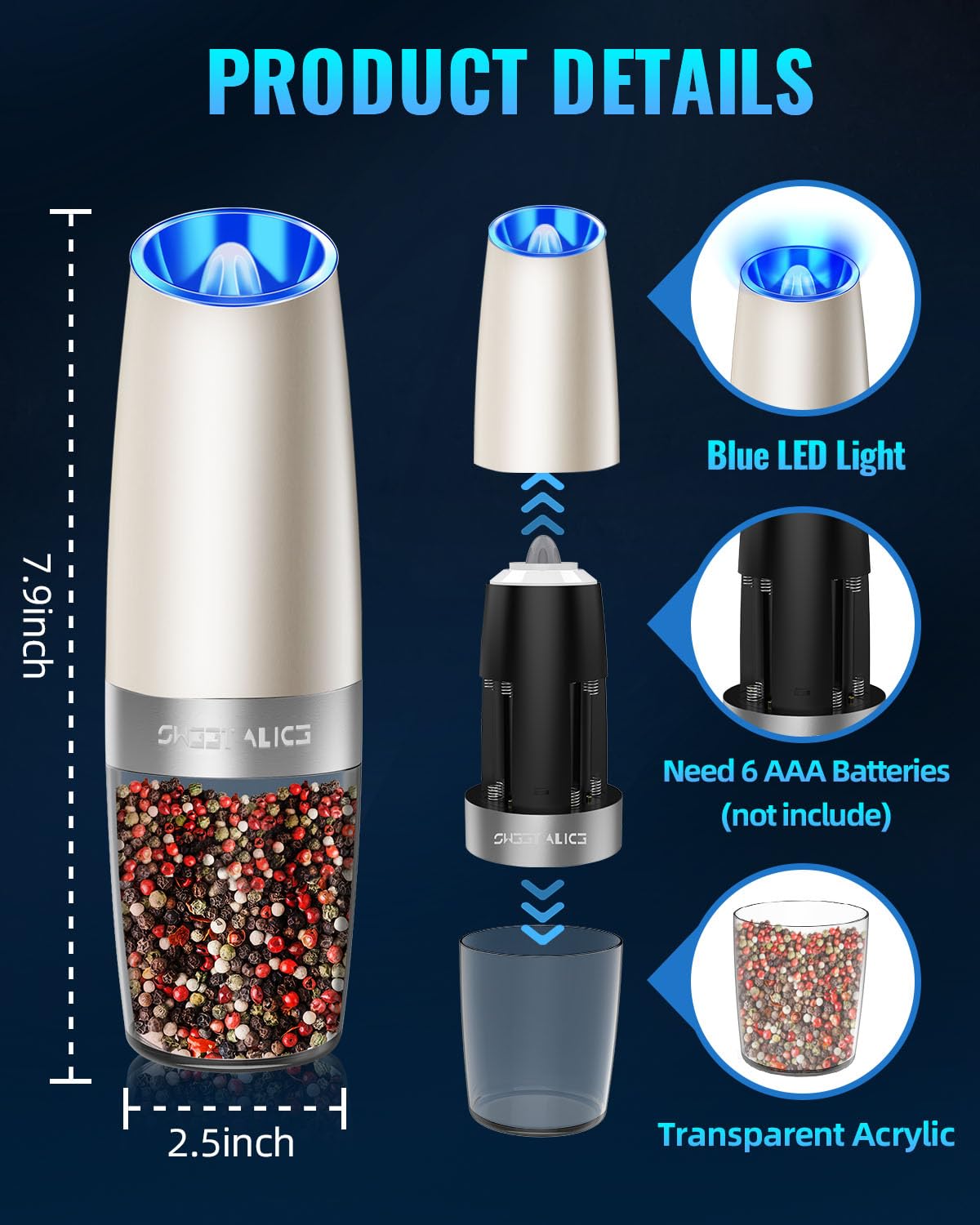 Gravity Electric Pepper and Salt Grinder Set, Salt and Pepper Mill & Adjustable Coarseness, Battery Powered with LED Light, One Hand Automatic Operation, Stainless Steel (Set/Silver)