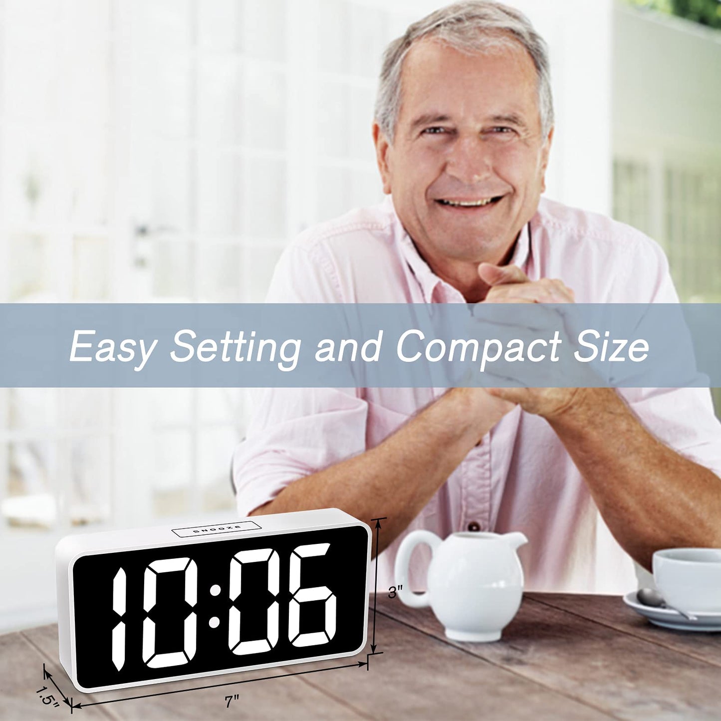 7.5 Inches Large Digital Alarm Clock for Seniors & Kids, 0-100% Dimmable Display, USB Charging Port, Adjustable Volume, Easy Operation, Snooze, Outlet Powered for Bedroom