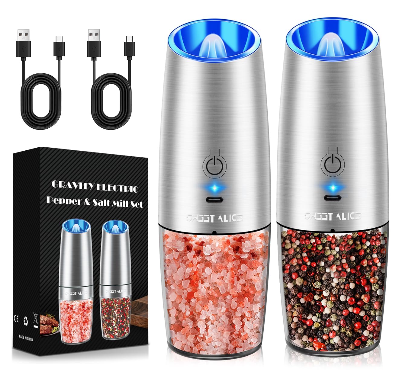 Gravity Electric Pepper and Salt Grinder Set, Salt and Pepper Mill & Adjustable Coarseness, Battery Powered with LED Light, One Hand Automatic Operation, Stainless Steel (Set/Silver)
